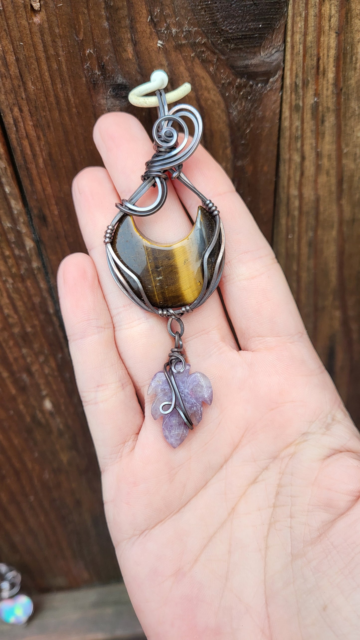 Tiger's Eye Crescent Moon w/ Amethyst Leaf Pendant