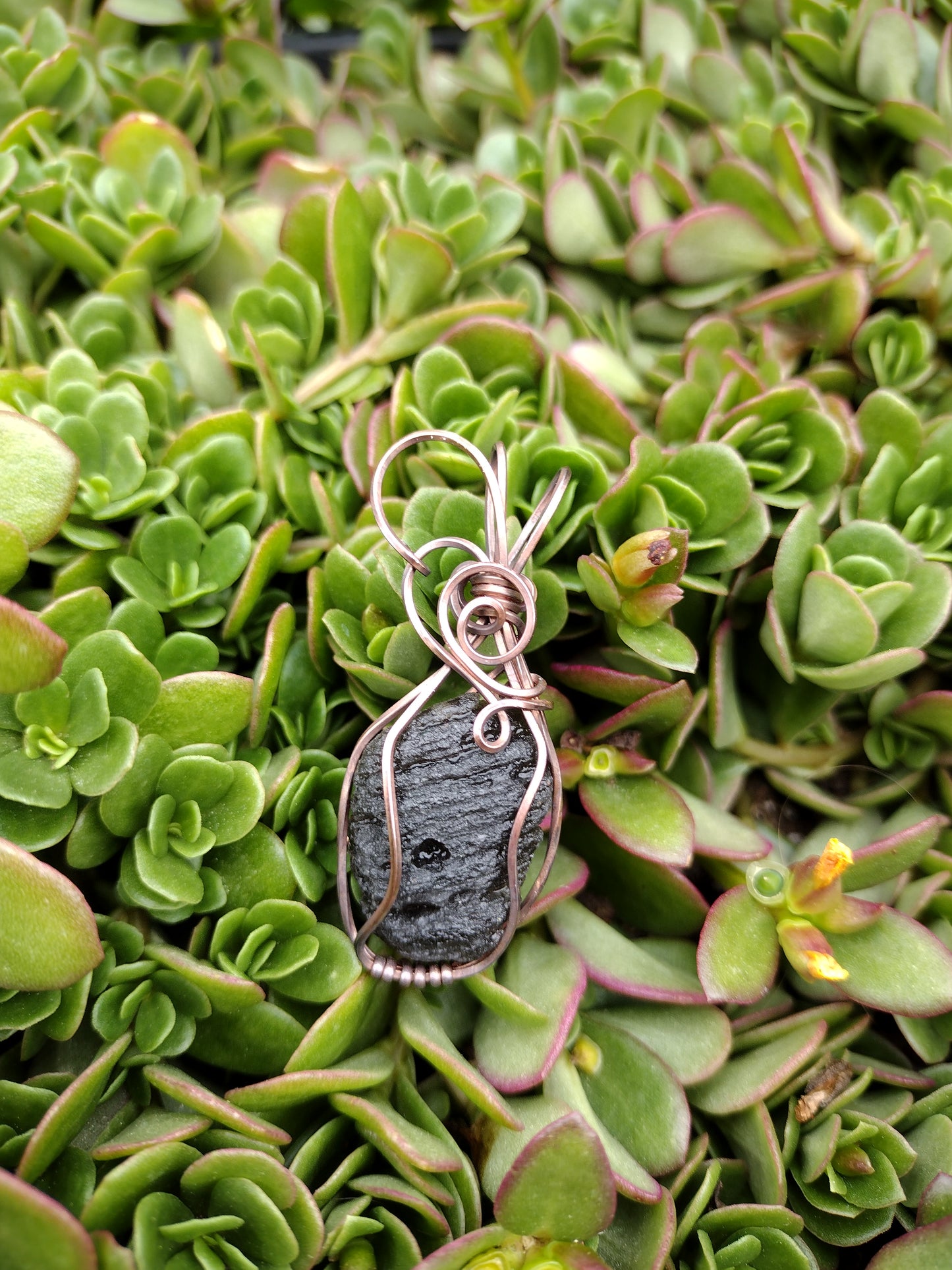 Oxidized Square Copper Wire Wrap Pendant Featuring Agni Tektite