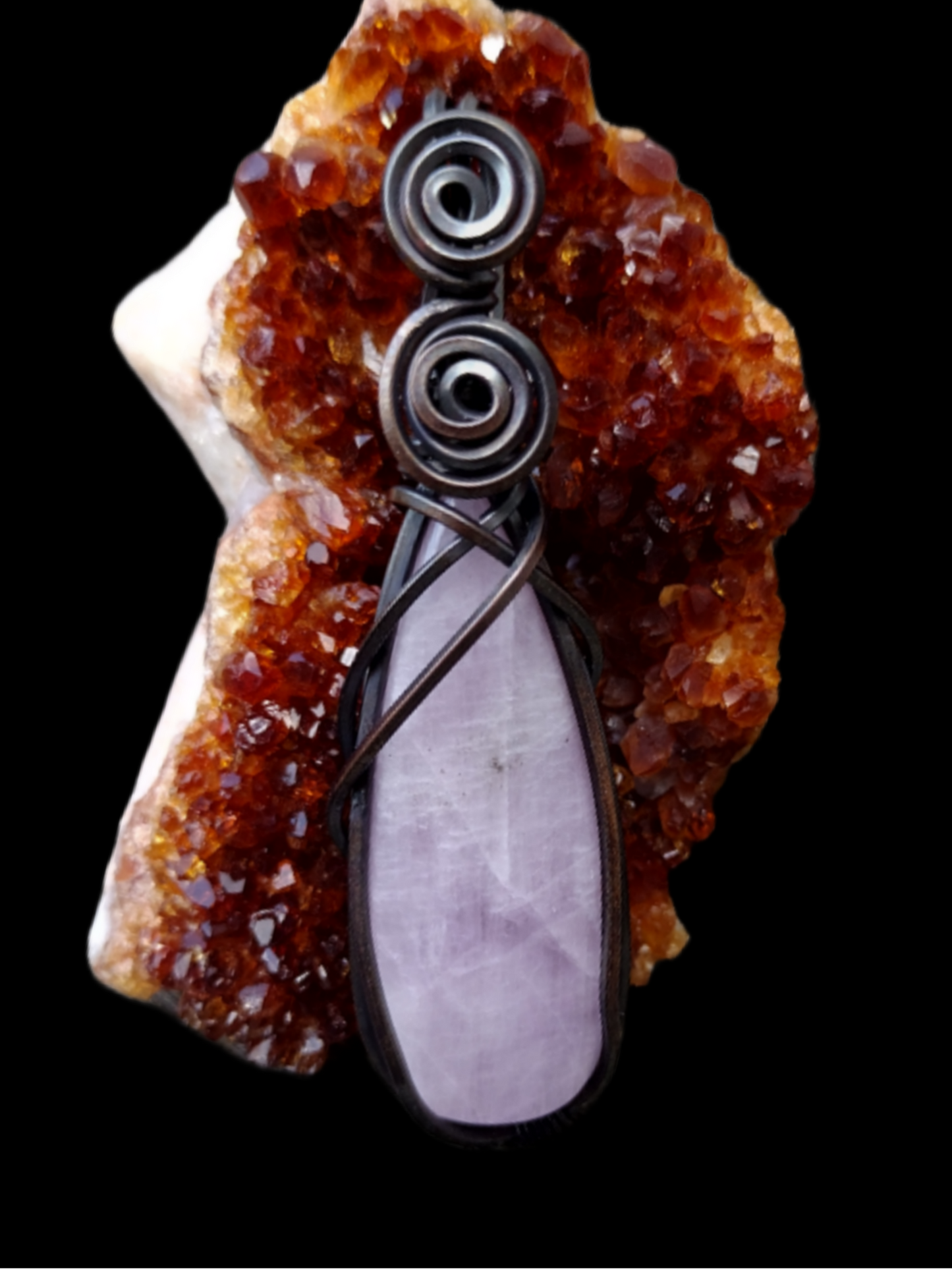 Oxidized Square Copper Wire Wrap Pendant Featuring Kunzite