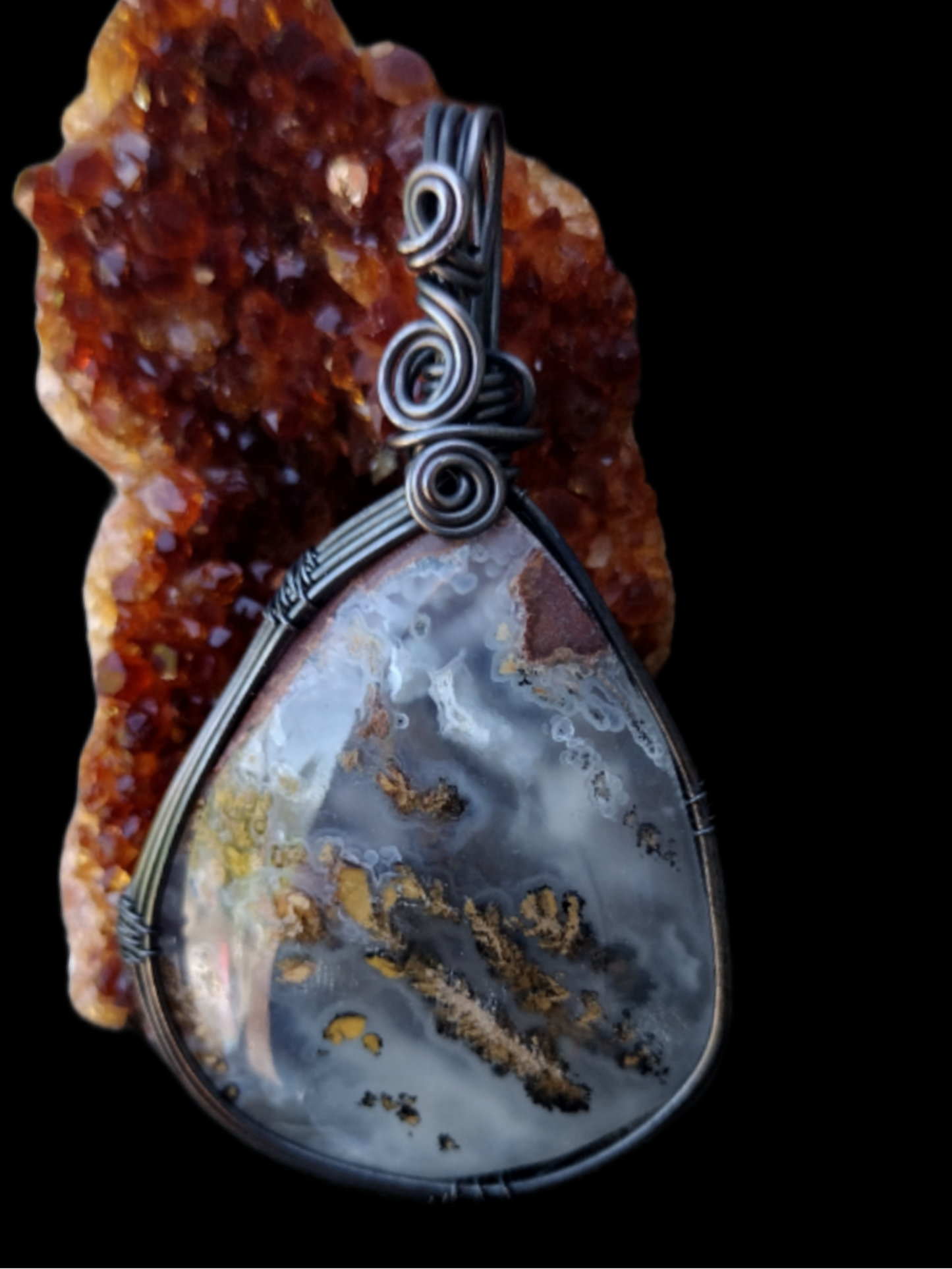 Handcrafted Oxidized Copper Wire Wrap Pendant Featuring Plume Agate Cabochon Centerpiece