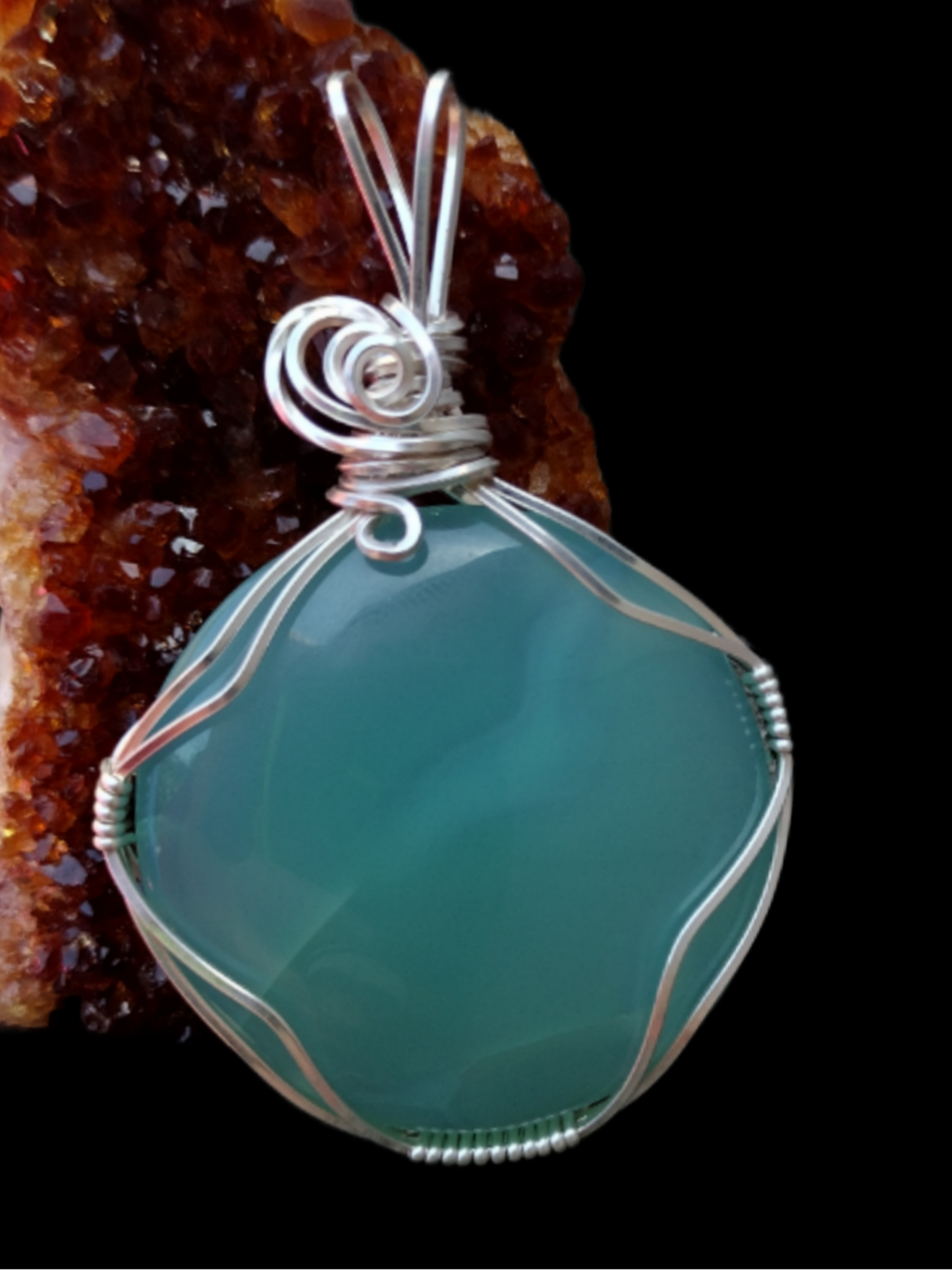 .925 Square Sterling Silver Wire Wrap Chalcedony Pendant