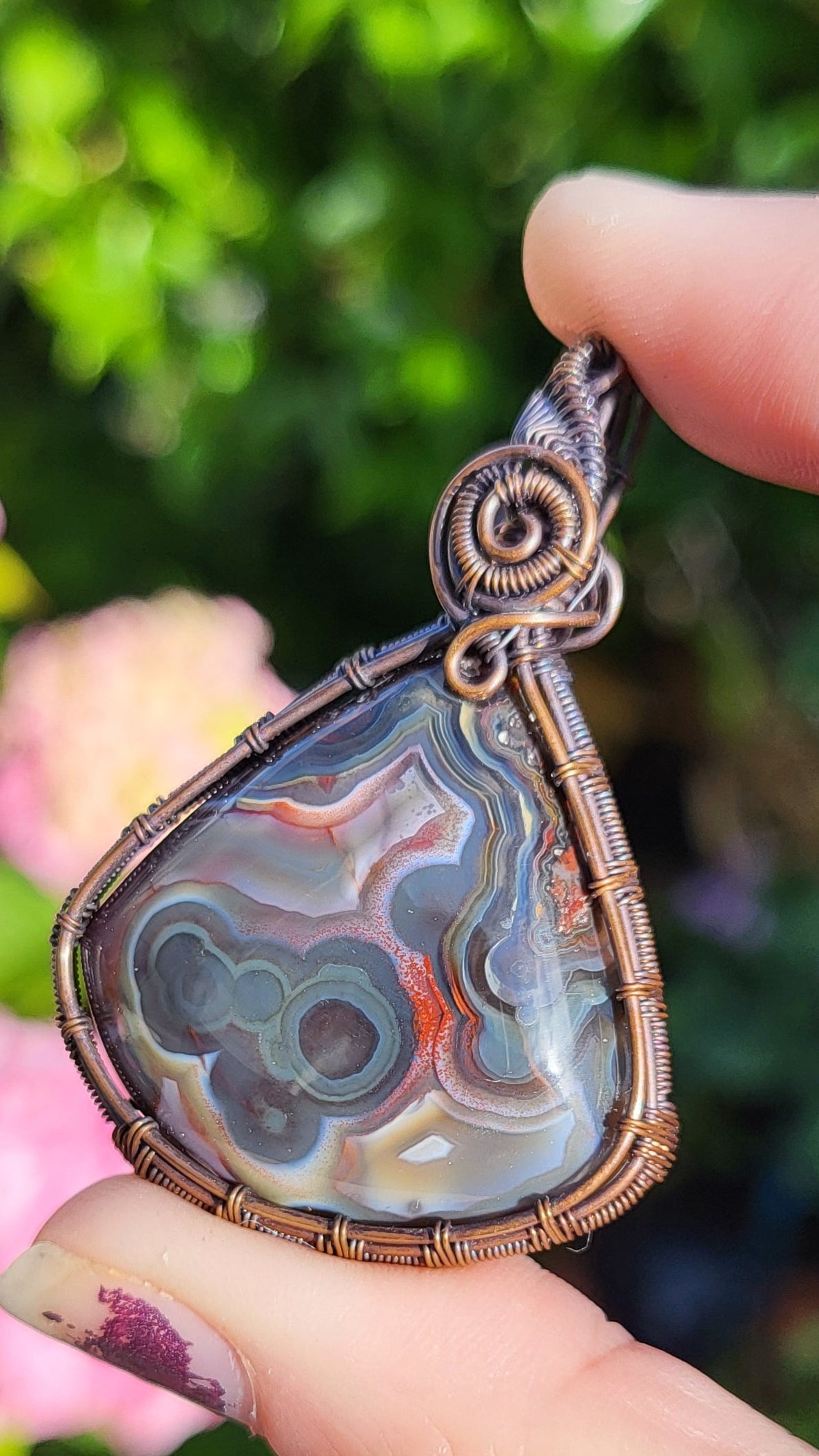 Blue Laguna Lace Agate Copper Wire Wrapped Pendant