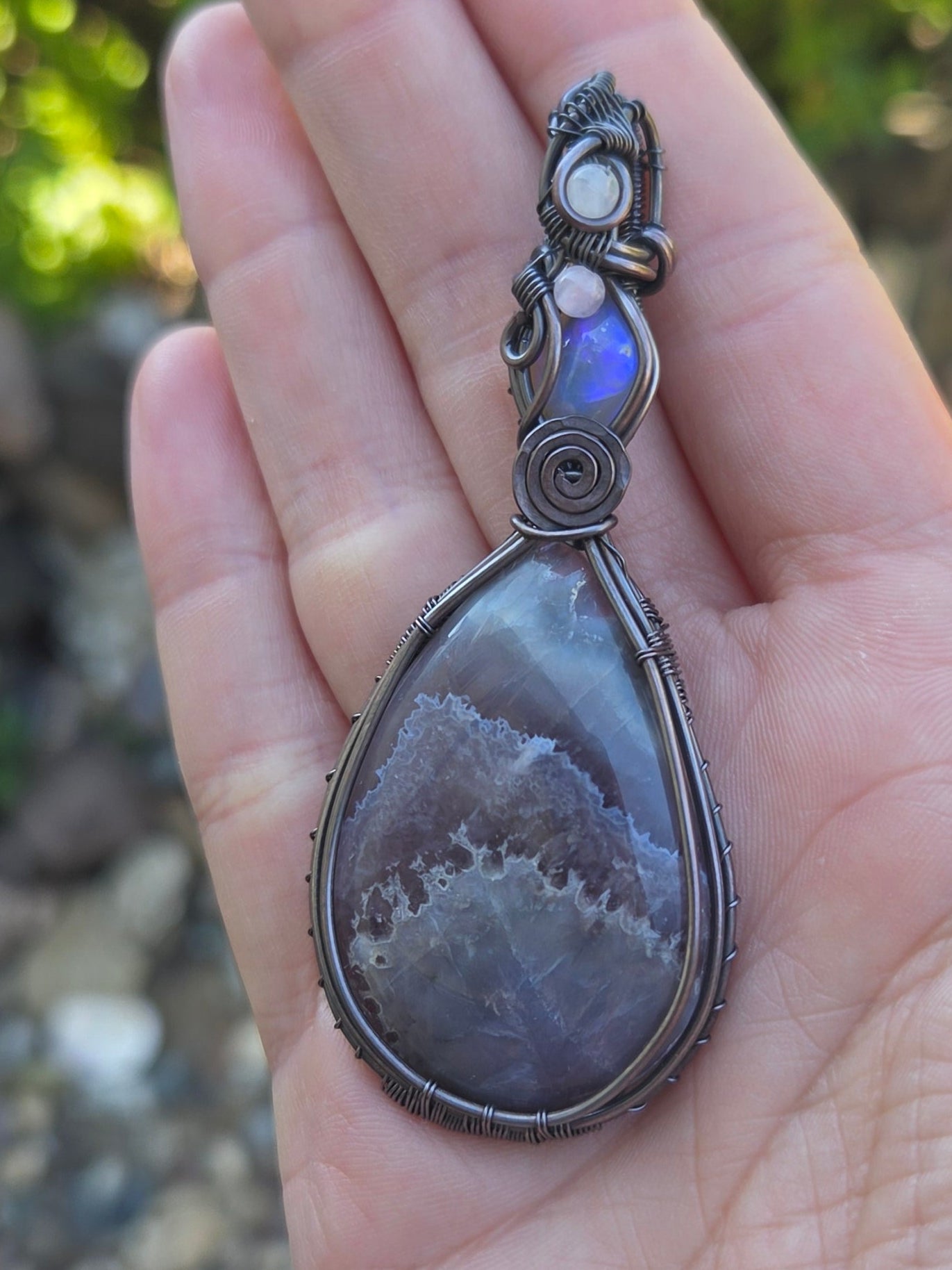 Amethyst Lace Cabochon with Blue Fire Opal and Rose Quartz Accents Pendant