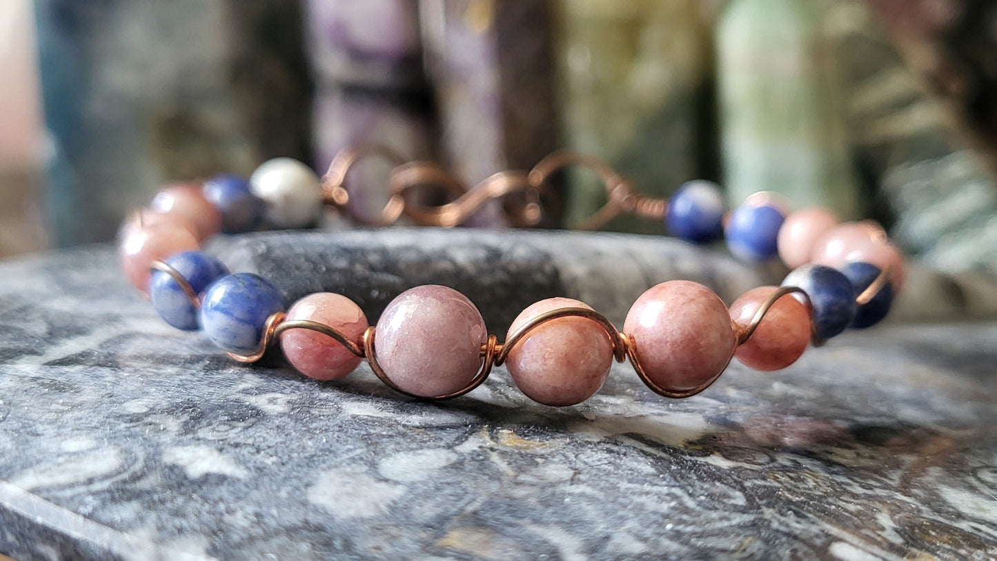Copper Wire Wrap Stone Bead Bracelet Sz 6.5