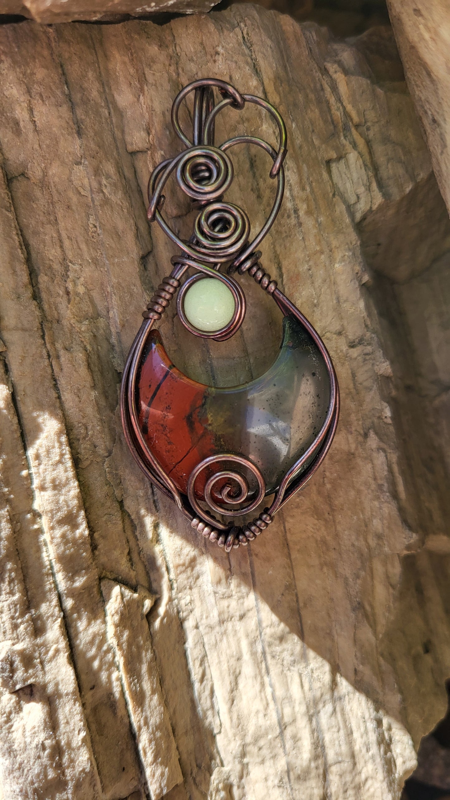 Bloodstone Jasper Moon w/ Glow Stone Copper Wire Wrap Pendant
