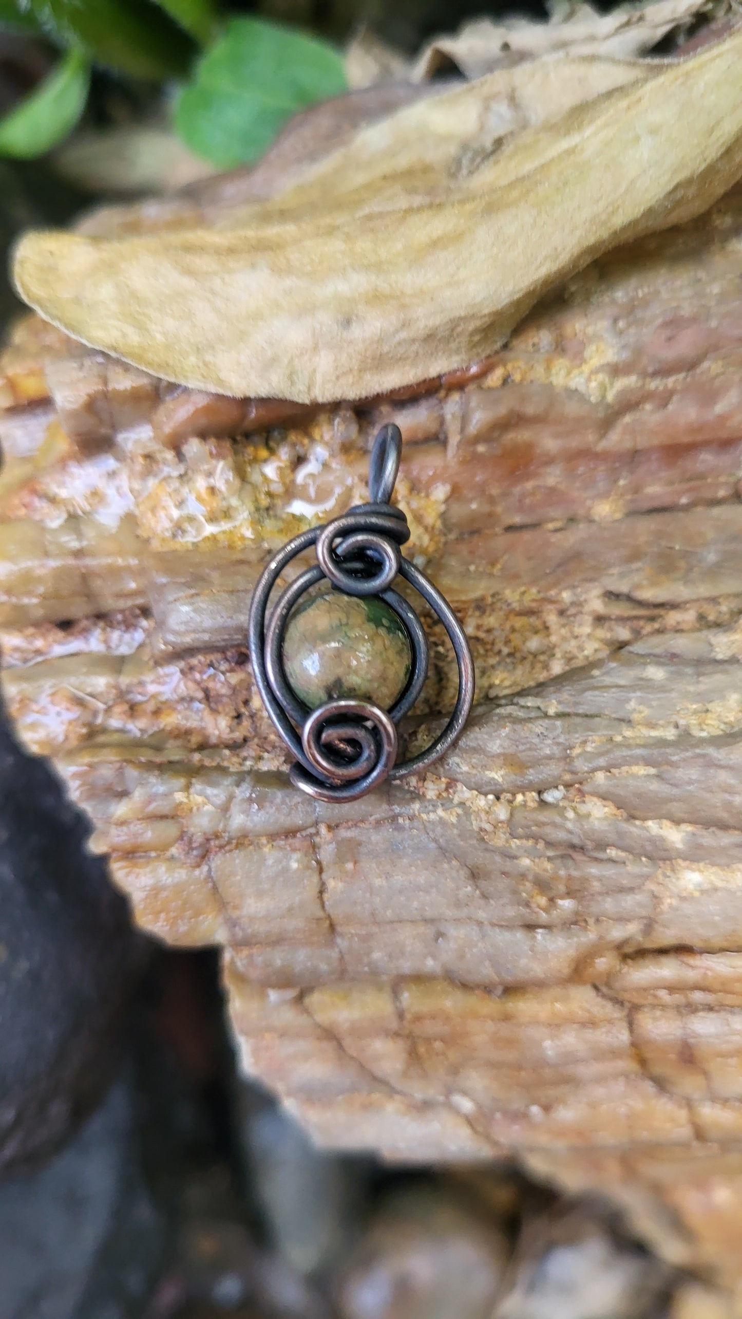 Rainforest Jasper Bead Copper Wire Wrap Pendant