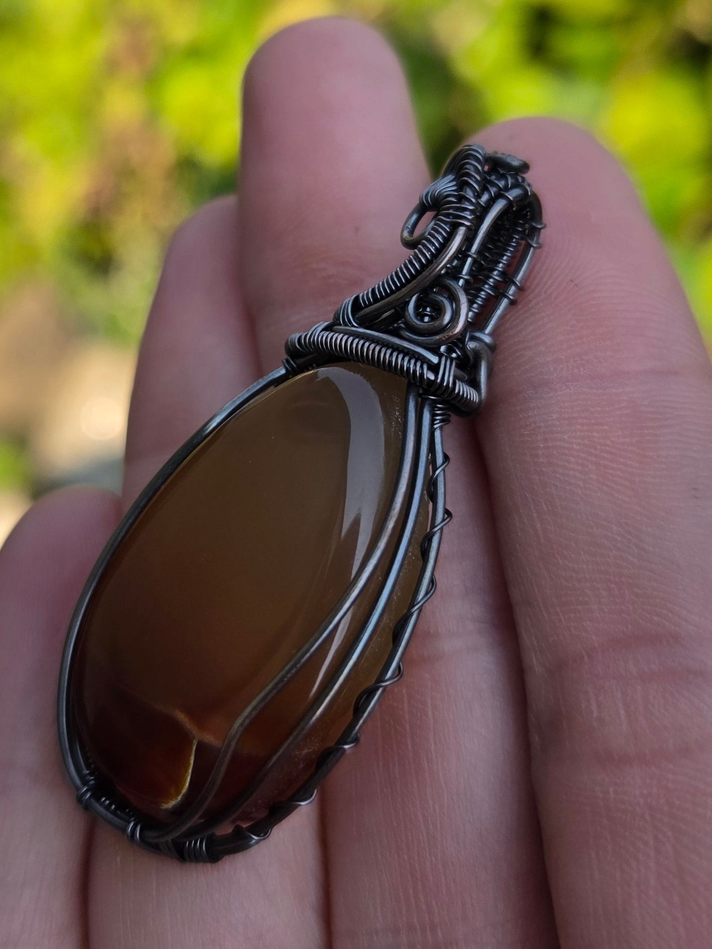 Handcrafted Oxidized Copper Pendant Featuring Carnelian Agate Cabochon Centerpiece
