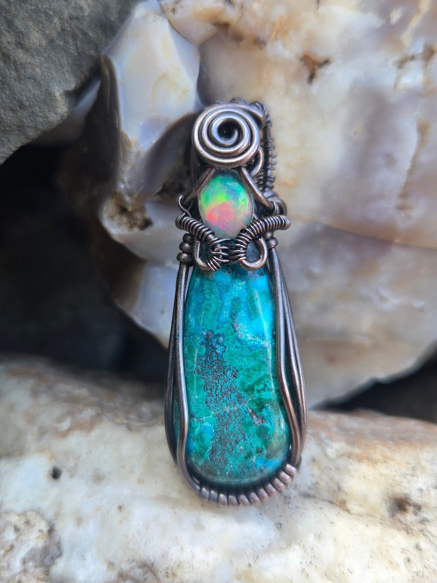Chrysocolla/Malachite Copper Wire Wrap Pendant with Opal Accent