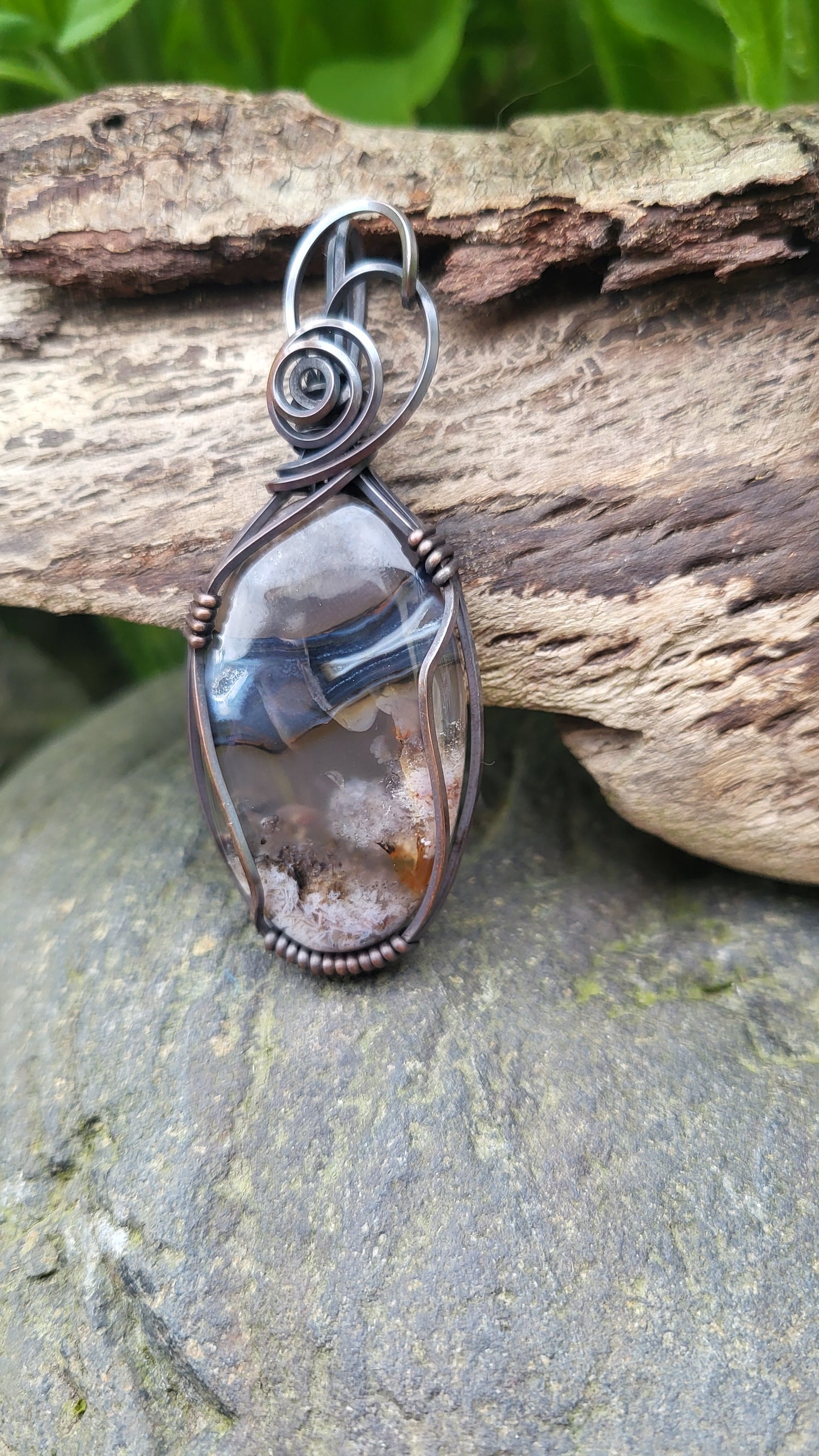 Volcano Agate UV Reactive Oxidized Copper Wire Wrap Pendant