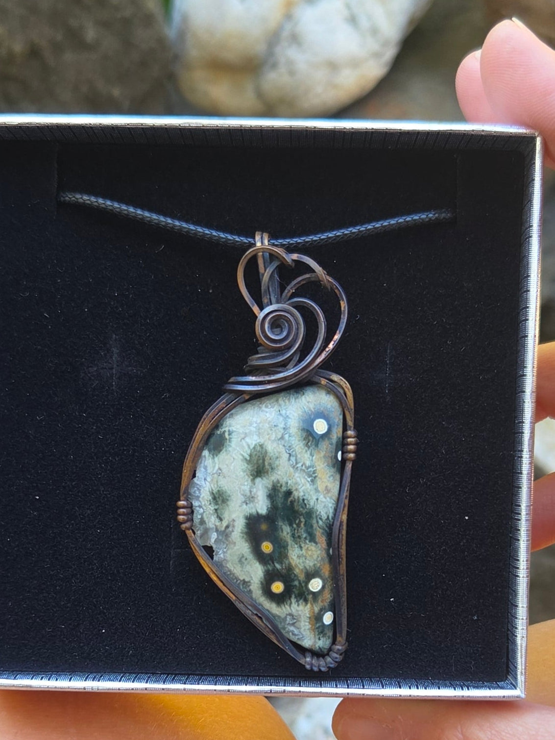 Handcrafted Oxidized Copper Wire Wrap Pendant Featuring Ocean Jasper