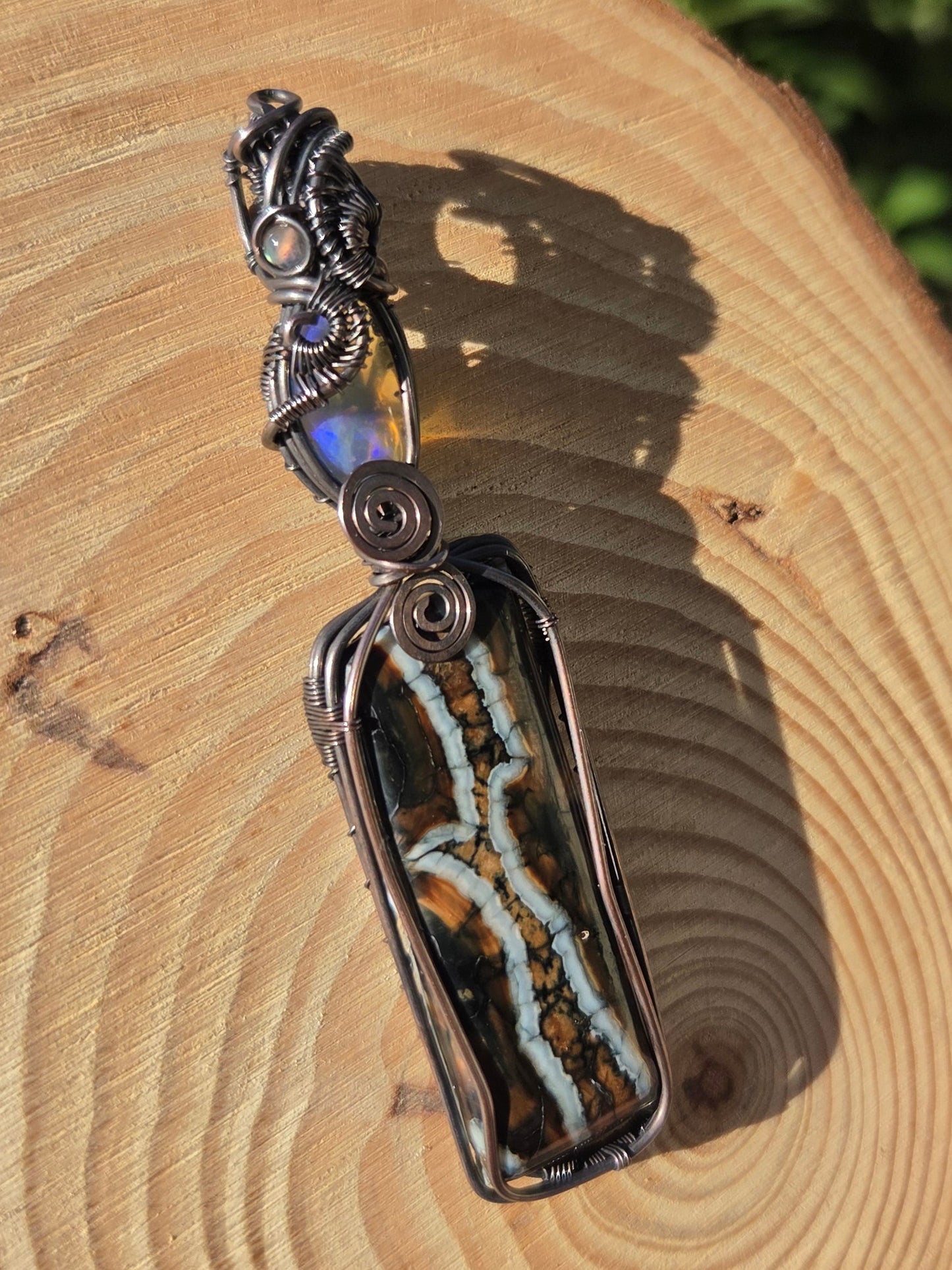 Opalized Mammoth Tooth Fossil, Blue Fire Opal with Labradorite Accent Pendant