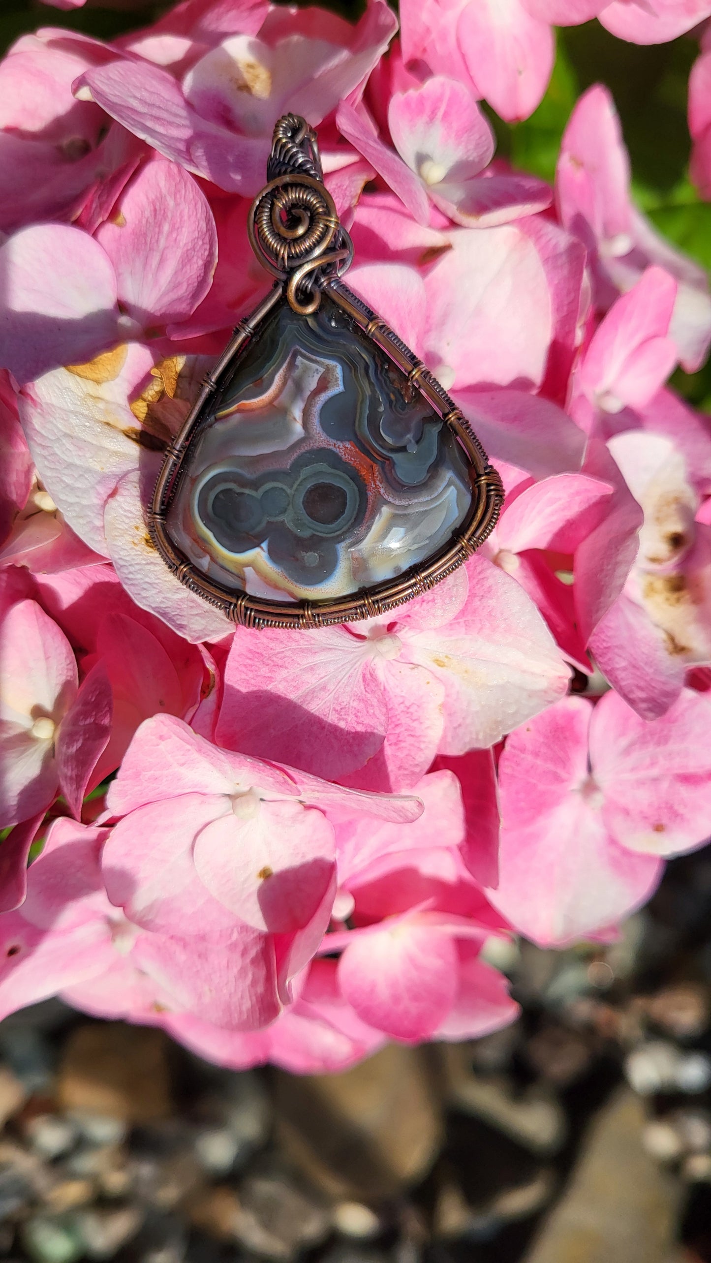 Blue Laguna Lace Agate Copper Wire Wrapped Pendant