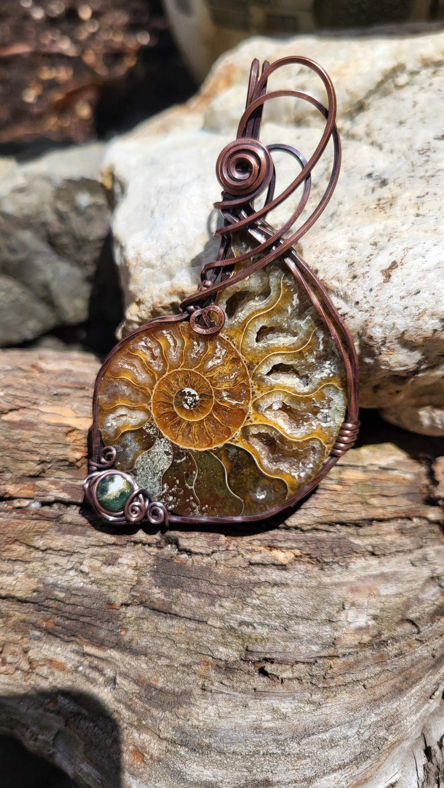 Ammonite Fossil w/ Moss Agate Accent Copper Wire Wrap Pendant