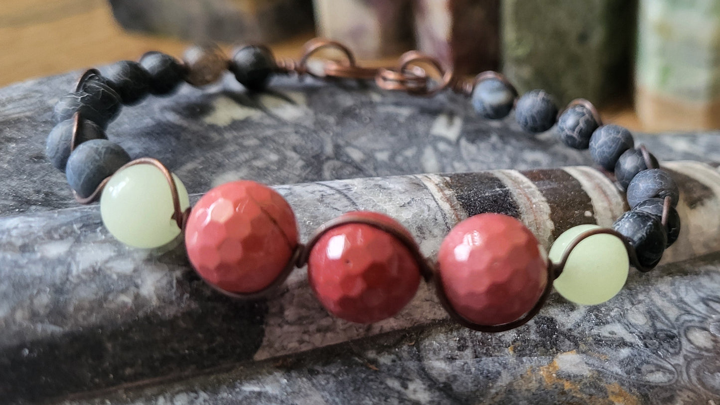 Copper Wire Wrap Stone Bead Bracelet Sz. 6.75