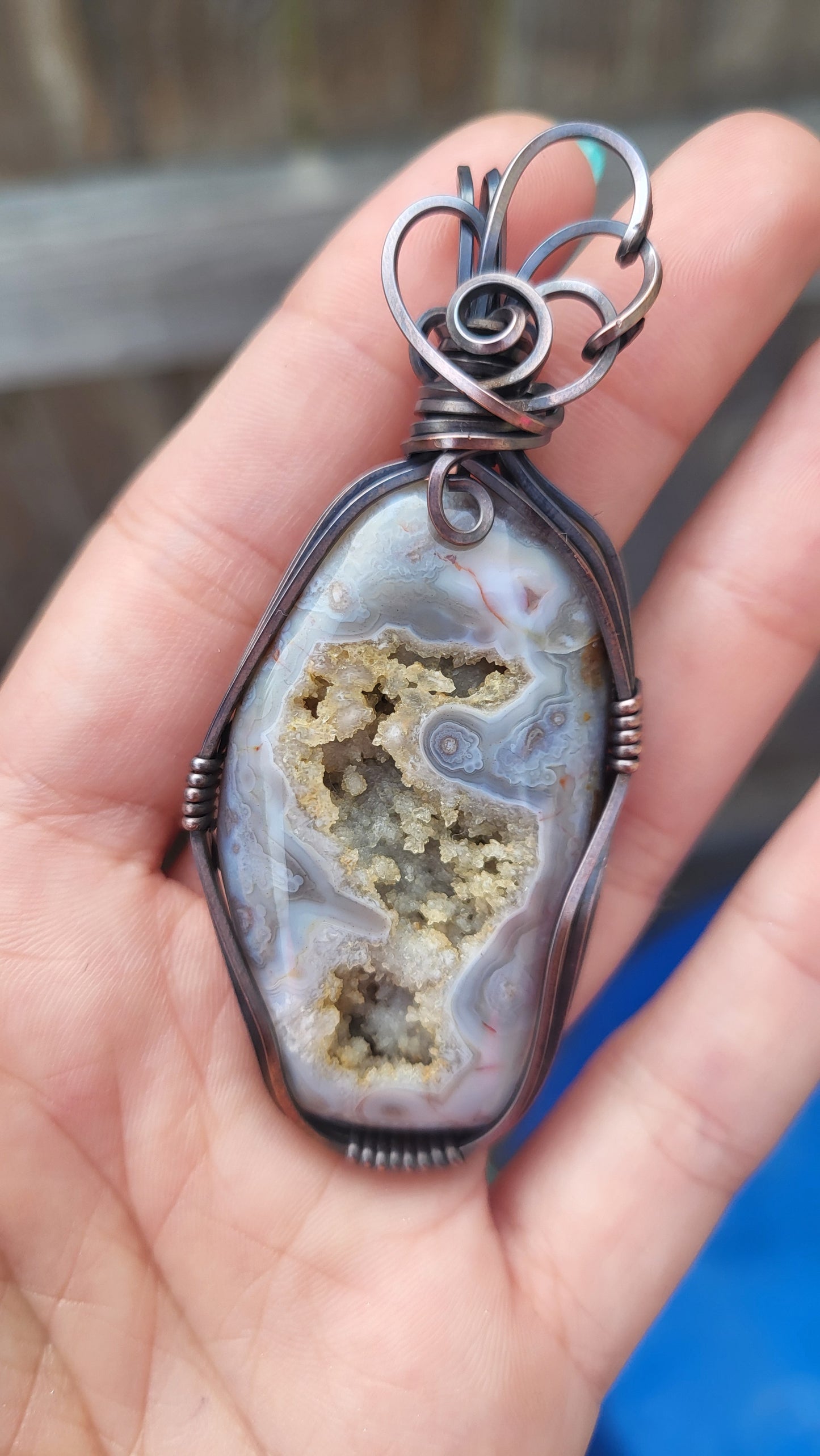 Agate w/ Druzy Crystals Copper Wire Wrap Pendant