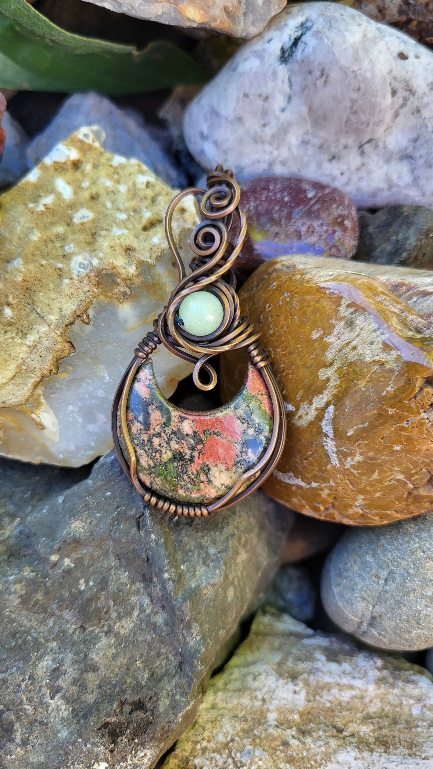 Unakite Jasper Crescent Moon w/ Green Glow Stone Copper Wire Wrap Pendant