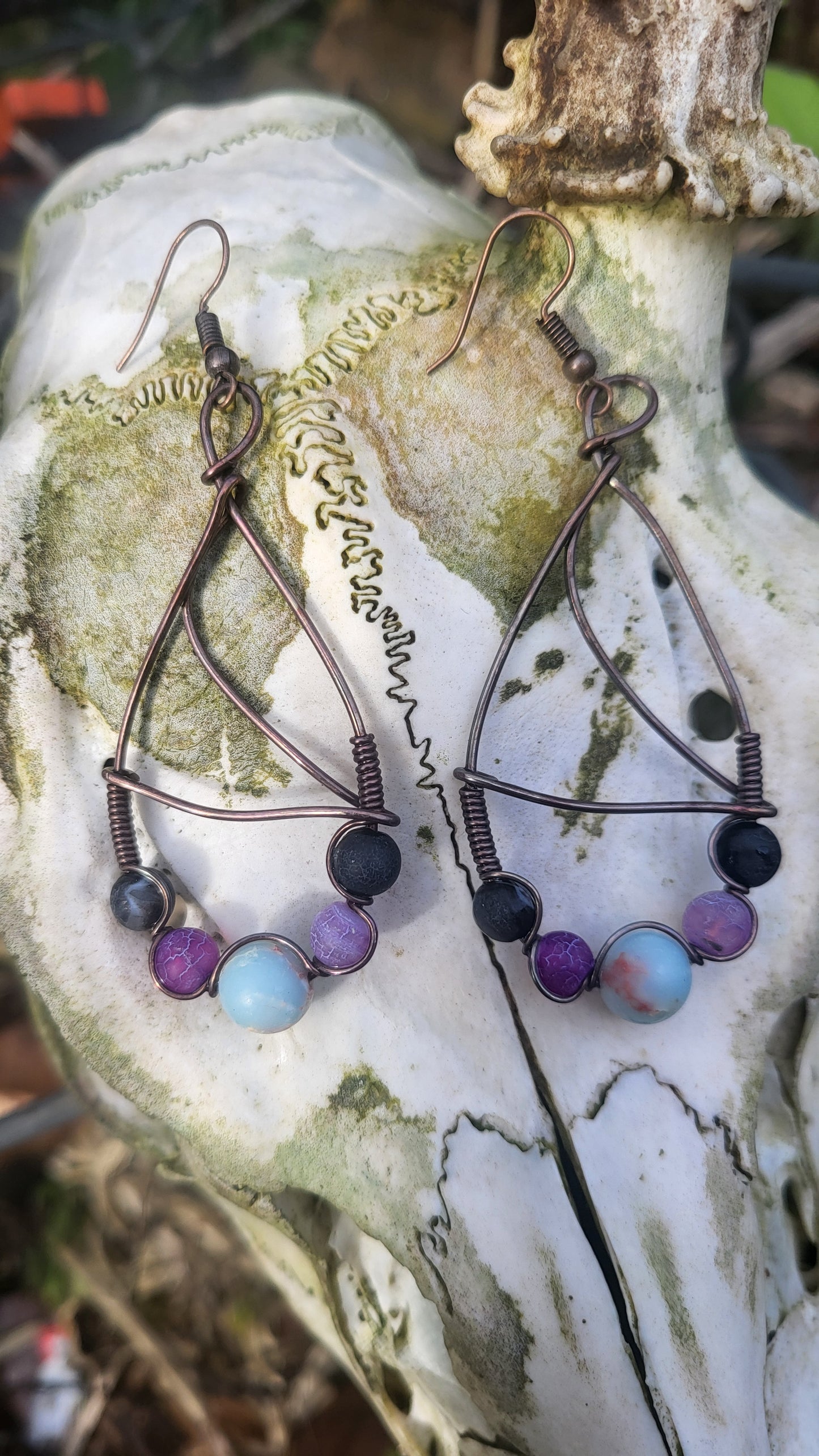 Black Agate, Purple Agate and Shoushan Stone Oxidized Copper Wire Wrap Earrings