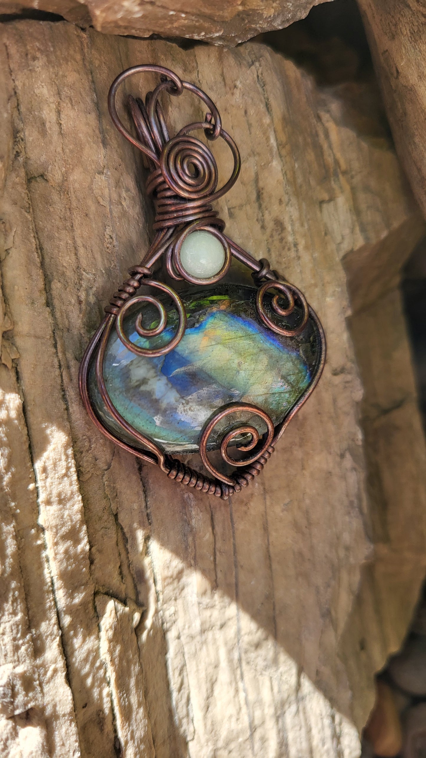 Labradorite w/ Glow Stone Copper Wire Wrap Pendant