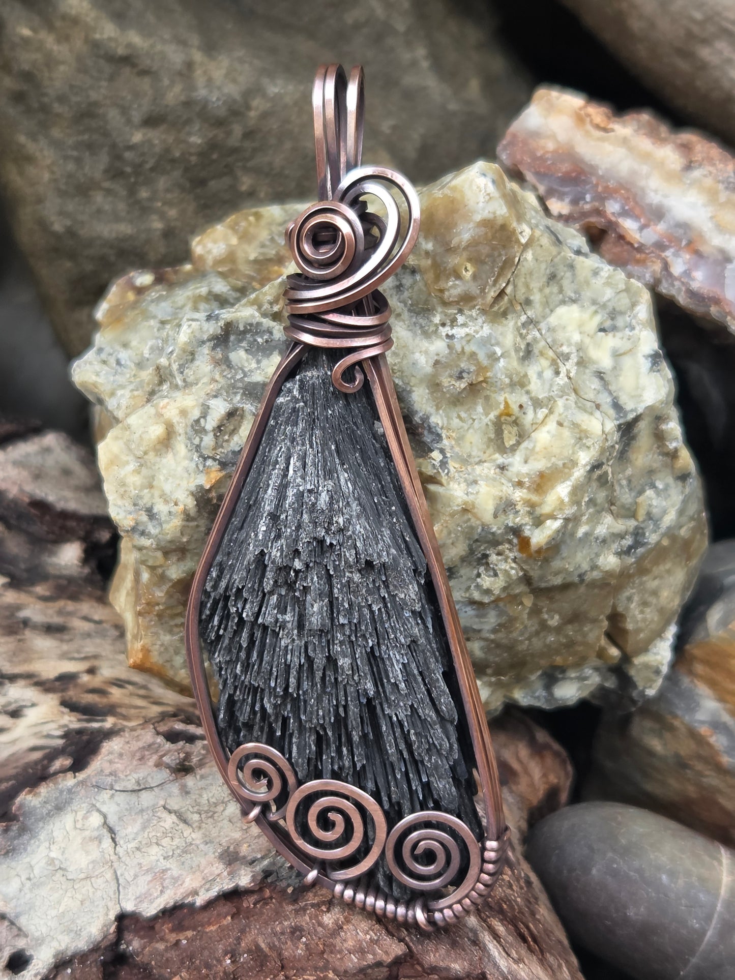 Black Kyanite Blade Copper Wire Wrap Pendant