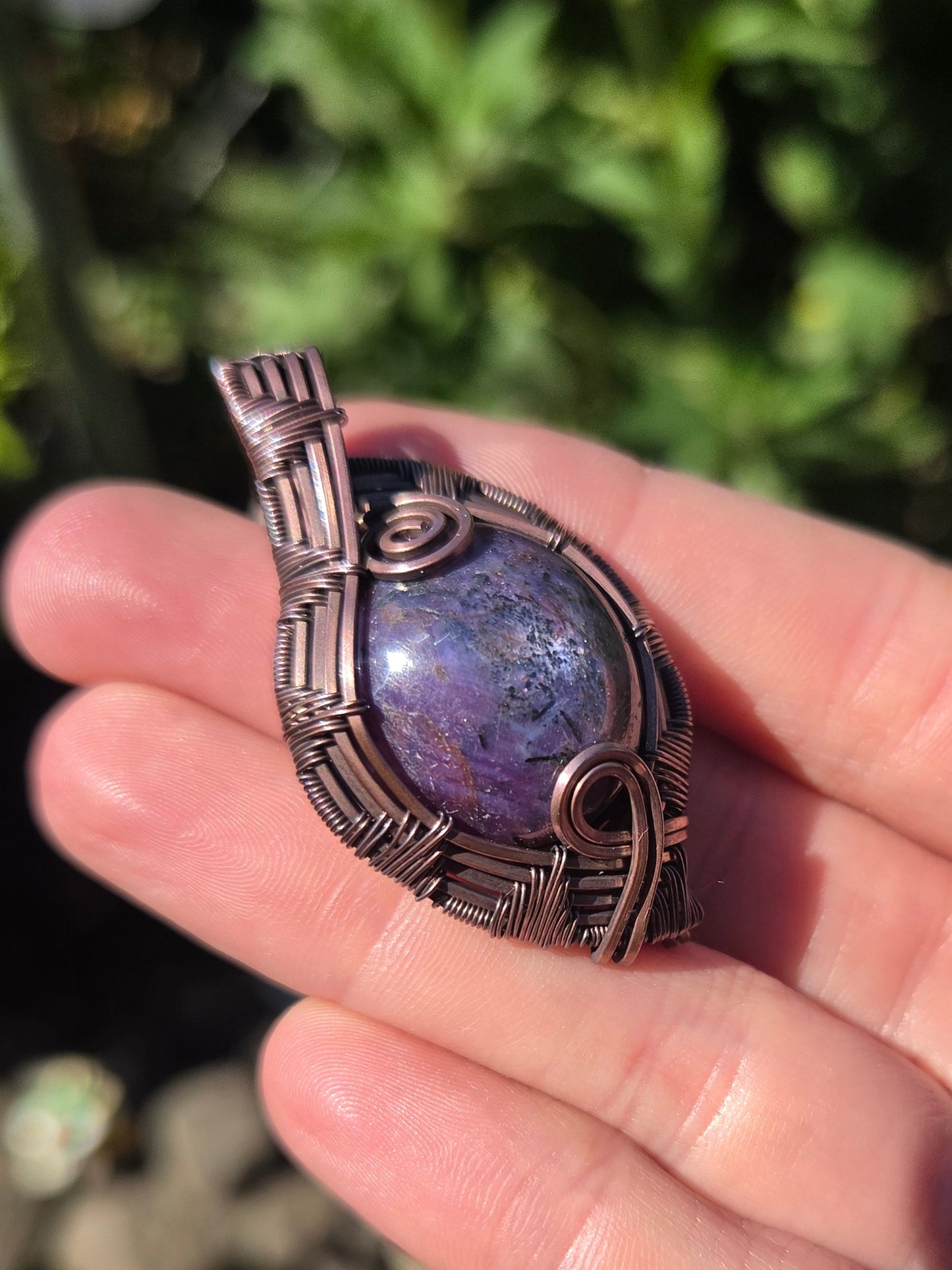 Chatoyant Ruby Cabochon Copper Pendant