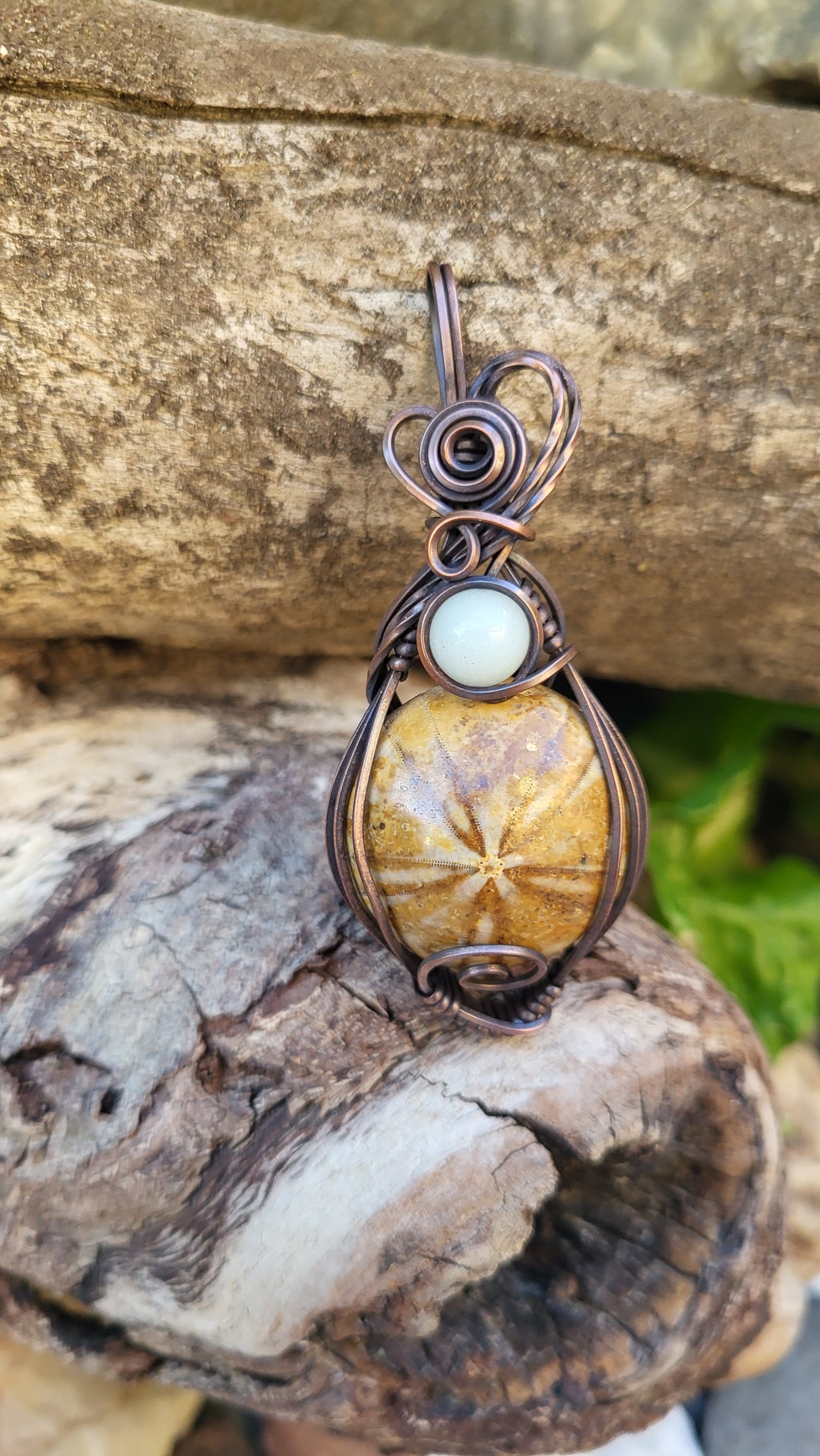 Fossilized Sand Dollar w/ Blue Glow Stone Accent Copper Wire Wrap Pendant