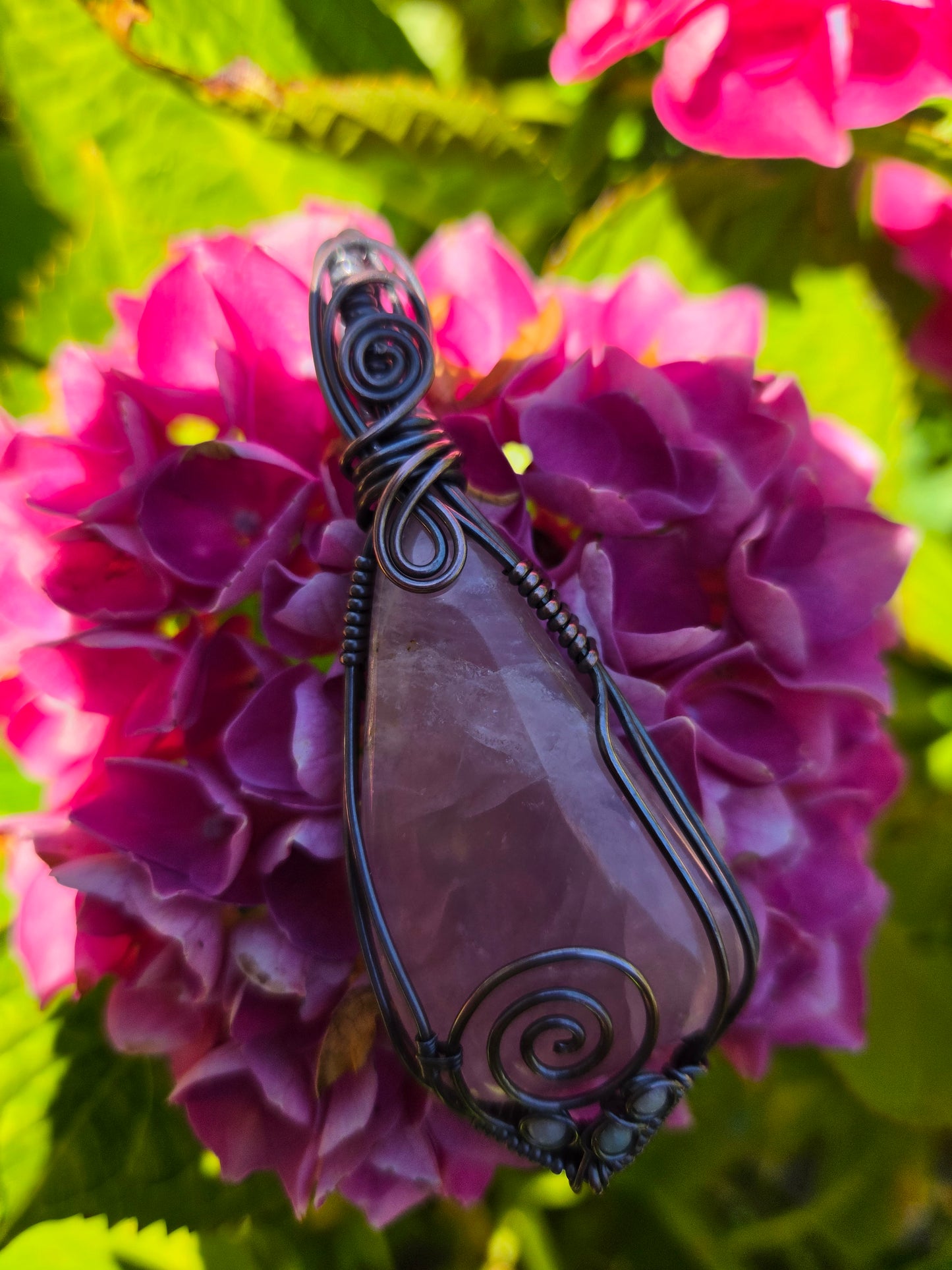 Rose Quartz Cabochon Copper Wire Wrap Pendant W/ Amazonite Accents