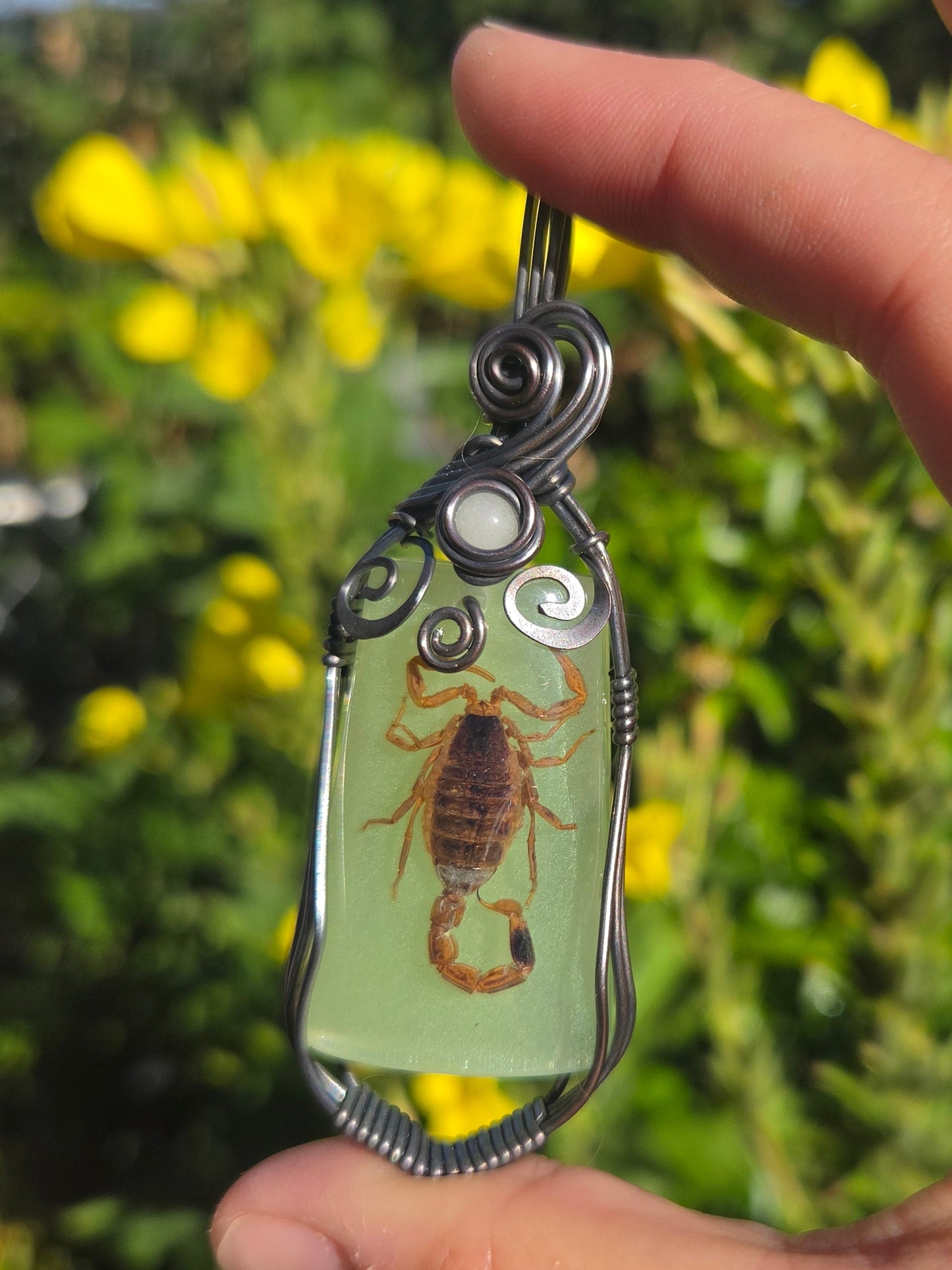 Handcrafted Oxidized Copper Wire Wrap Pendant Featuring Glow in the Dark Scorpion