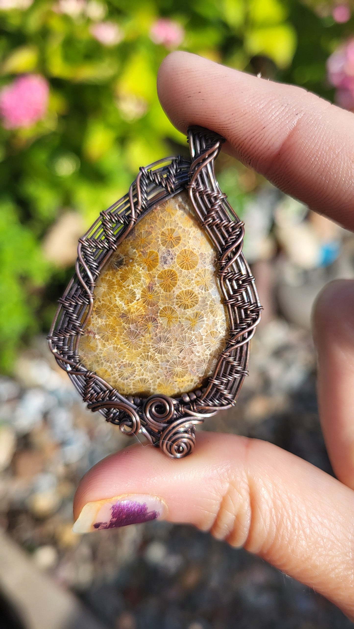 Chrysanthemum Coral Fossil Copper Wire Wrap Pendant