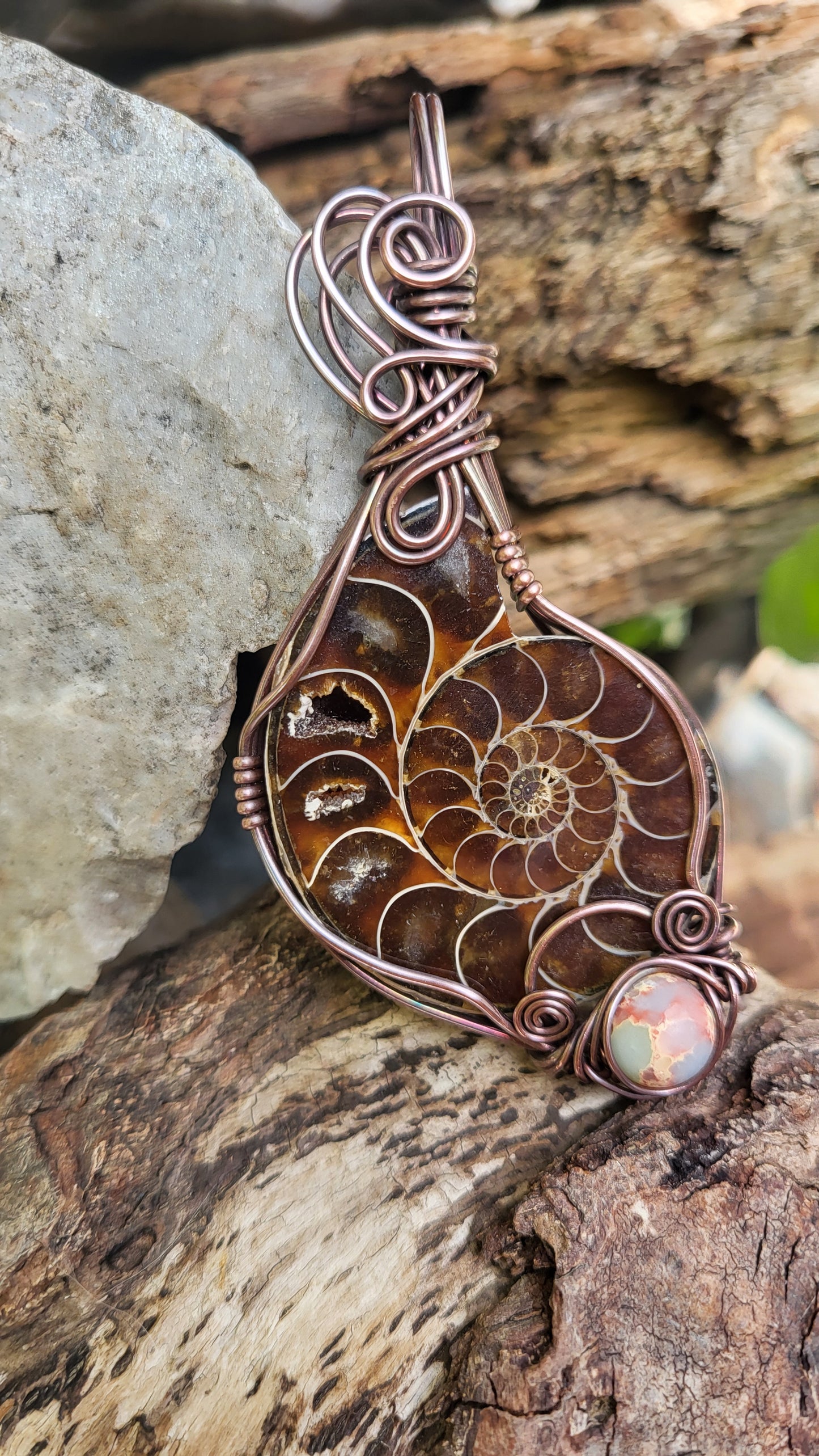 Ammonite Fossil w Shoushan Stone Accent Copper Wire Wrap Pendant