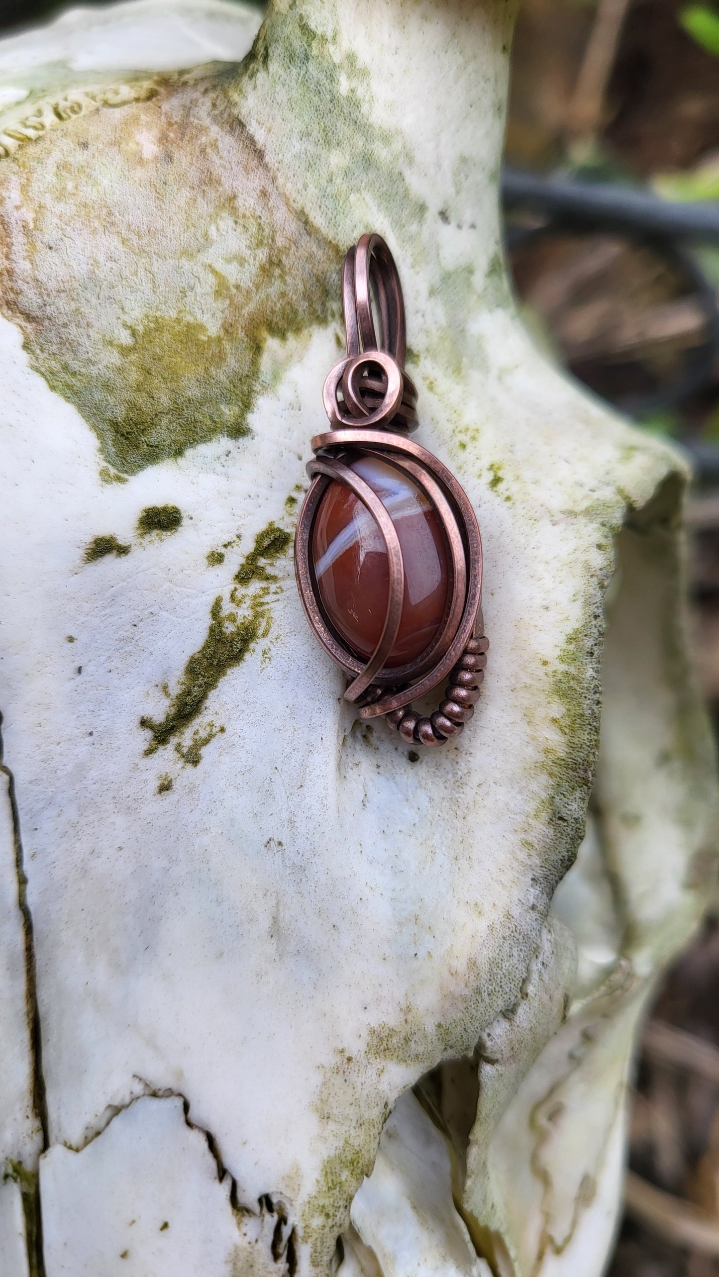 Orange Banded Agate Oxidized Copper Wire Wrap Pendant