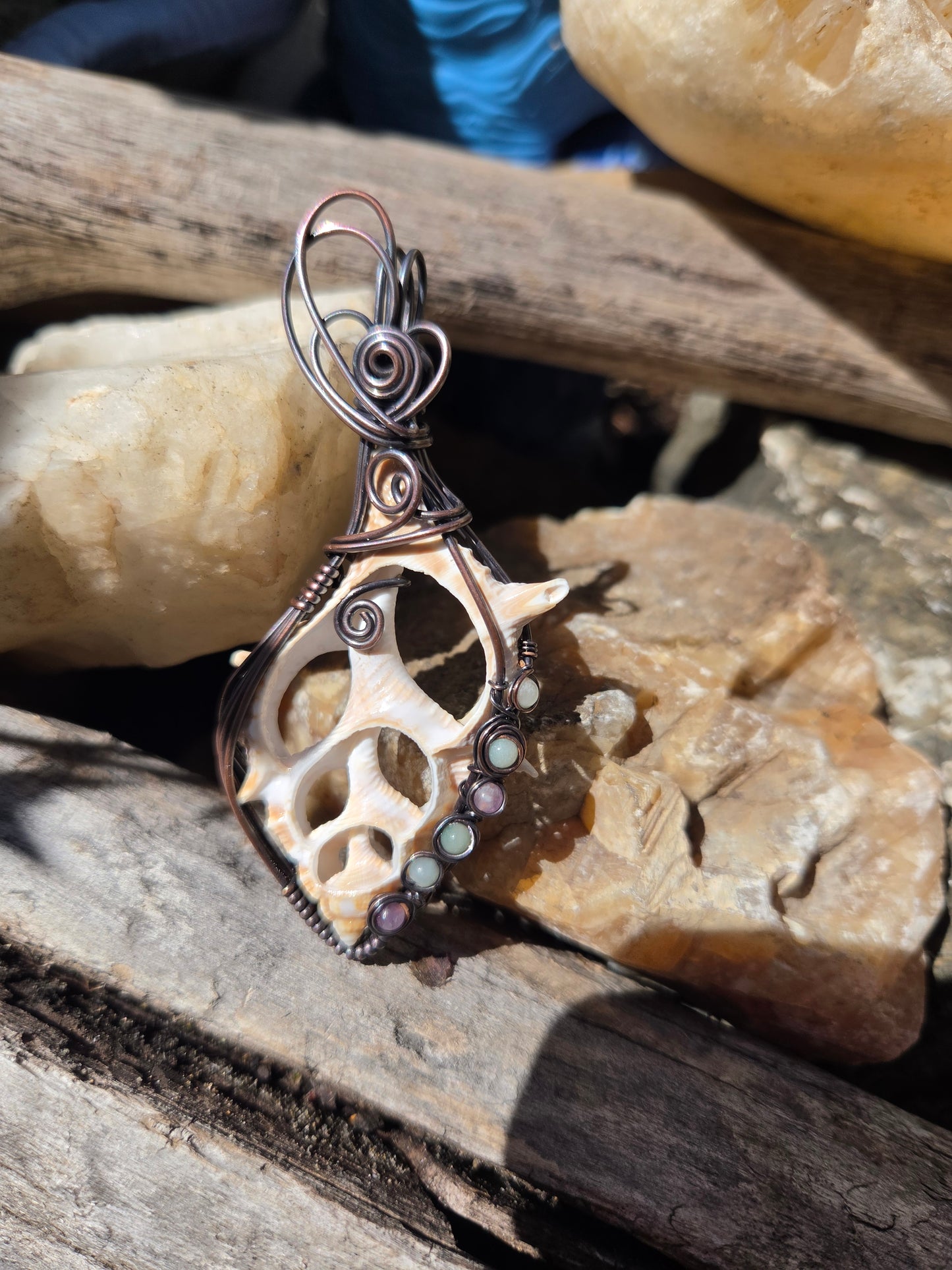 Center Cut Seashell Copper Pendant with Amethyst and Amazonite Accents