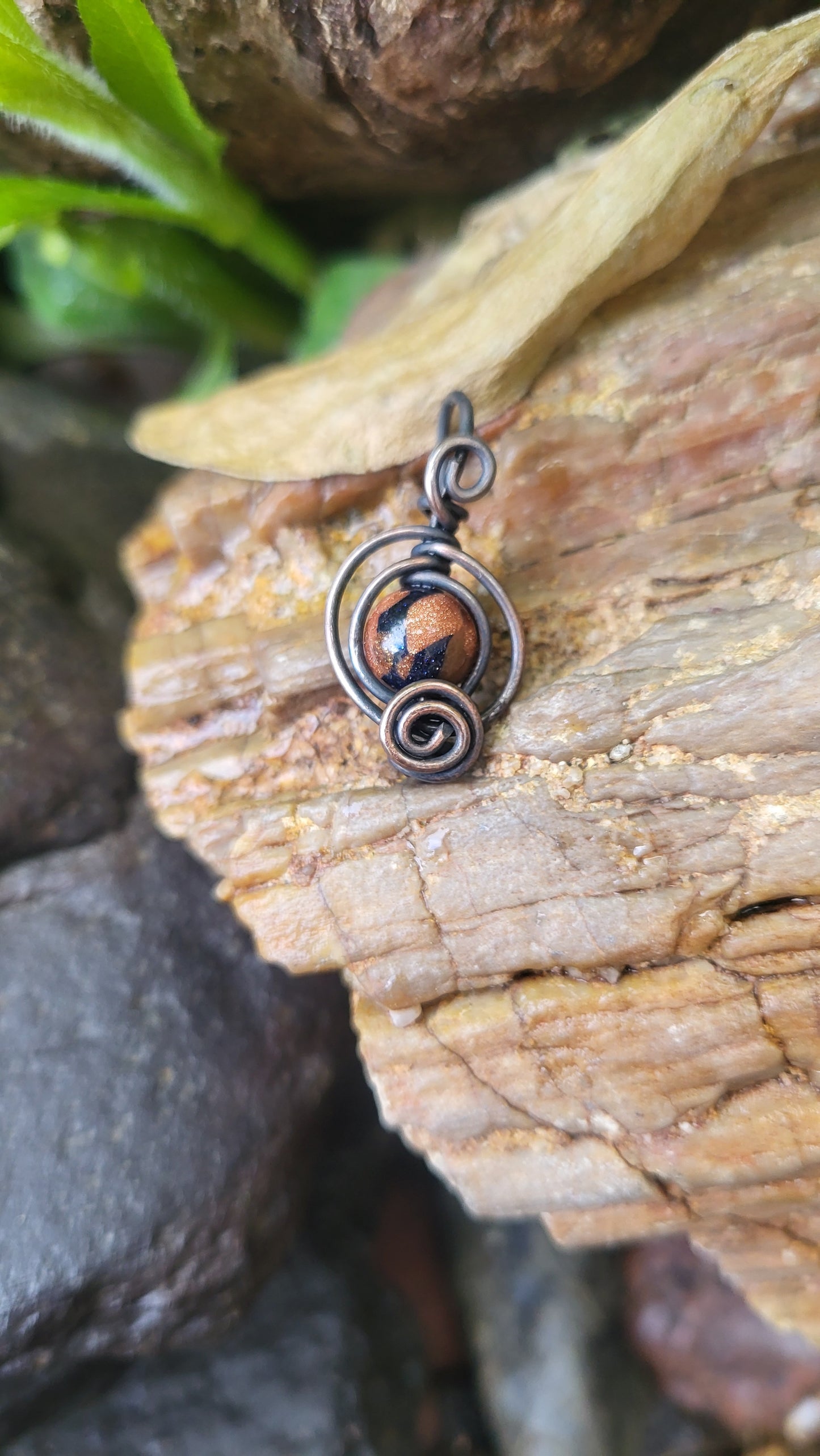 Blue Goldstone & Goldstone Matrix Copper Wire Wrap Pendant