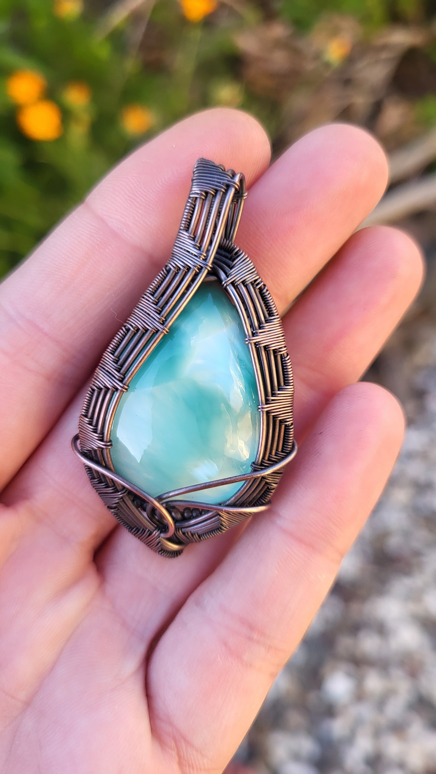 Hemimorphite Cabochon Copper Wire Wrap Pendant