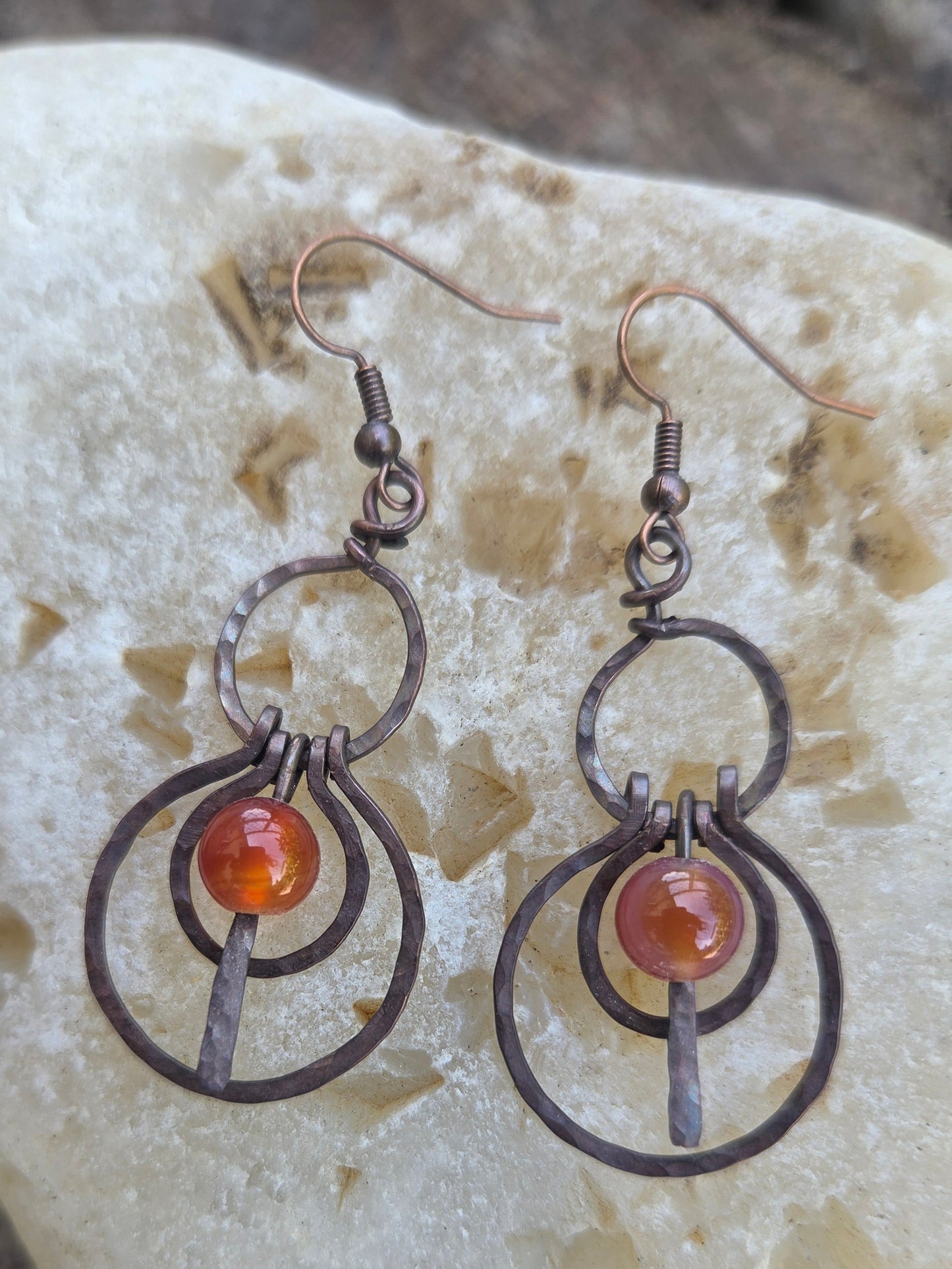 Hammered Copper Earrings with Carnelian Bead Accents