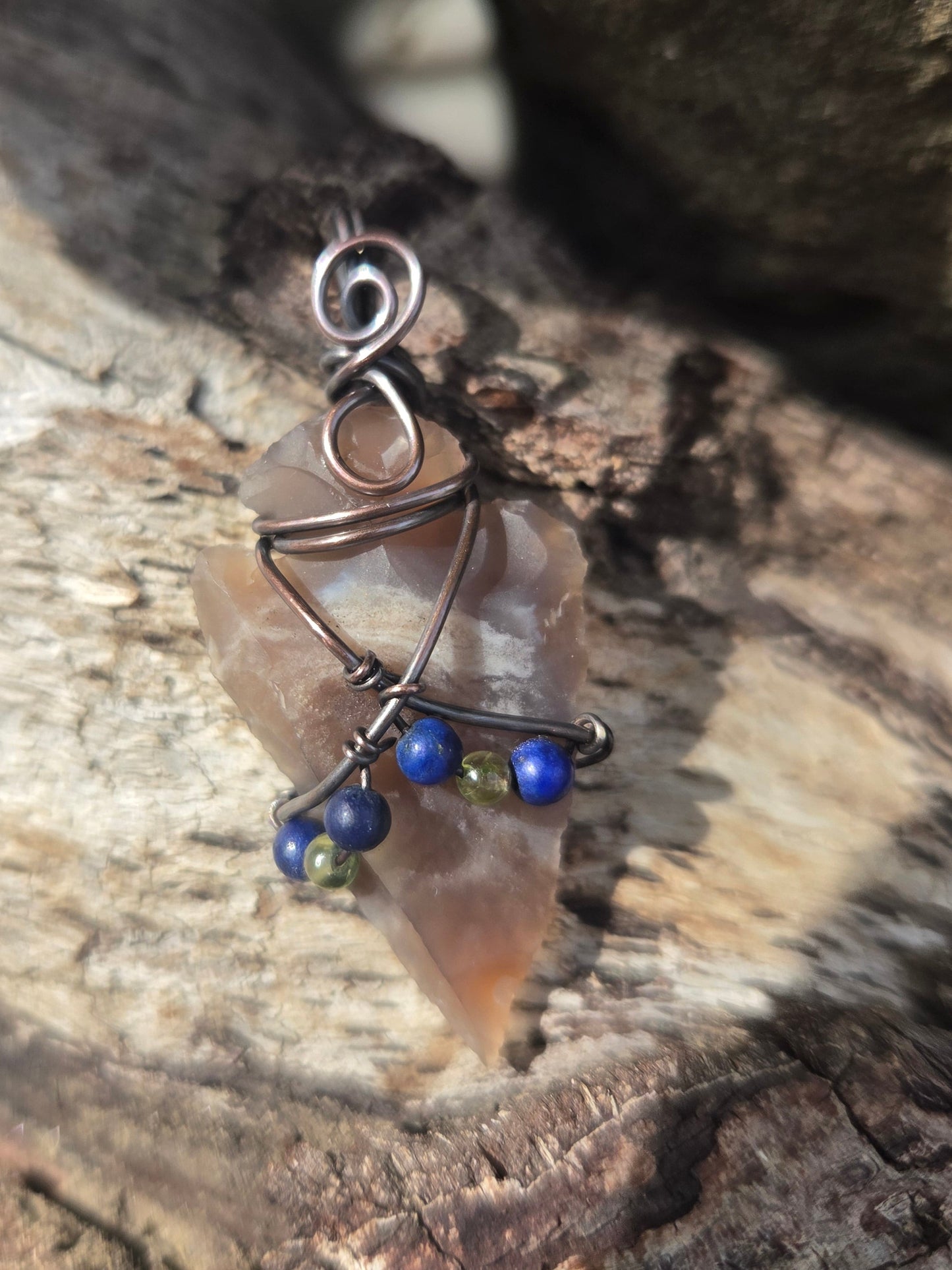 Agate Arrowhead Pendant w/ Lapis Lazuli And Peridot Accents