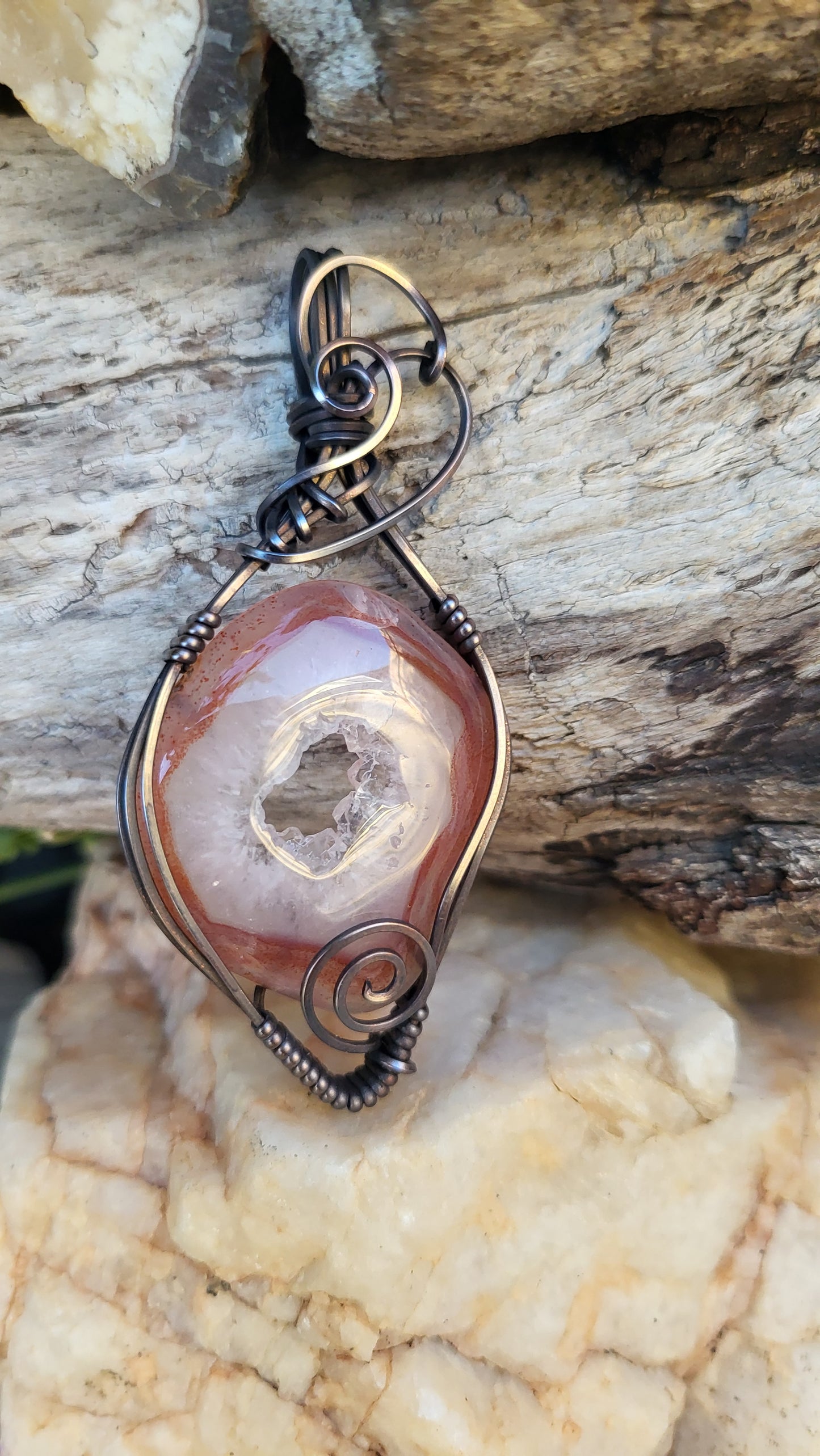 Malawi Agate w/ Druzy Copper Wire Wrap Pendant