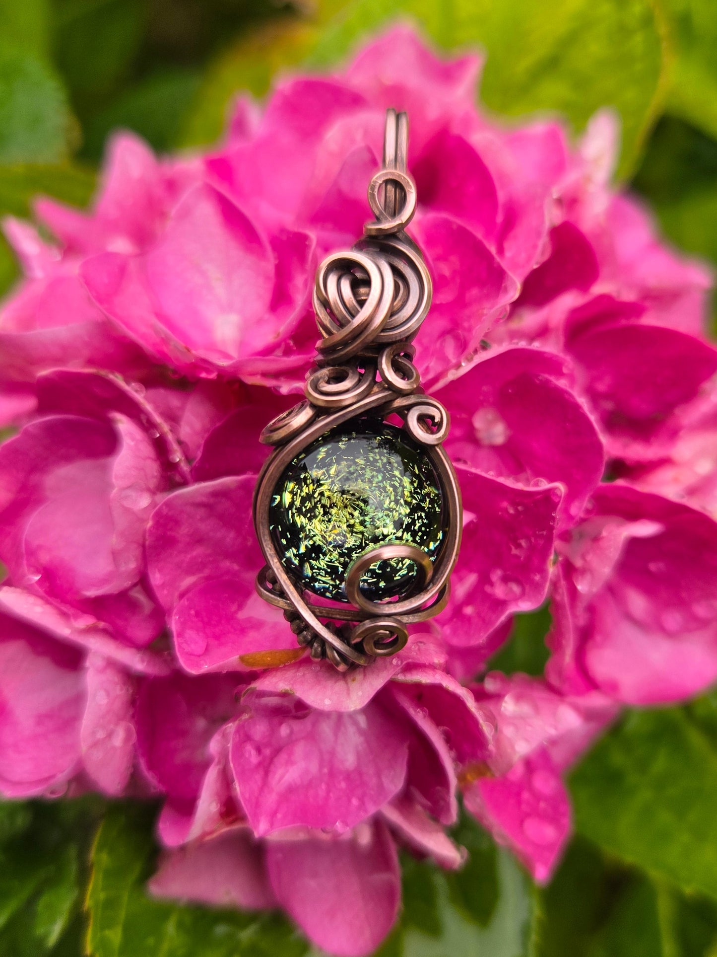 Green Dichro Marble Copper Wire Wrap Pendant