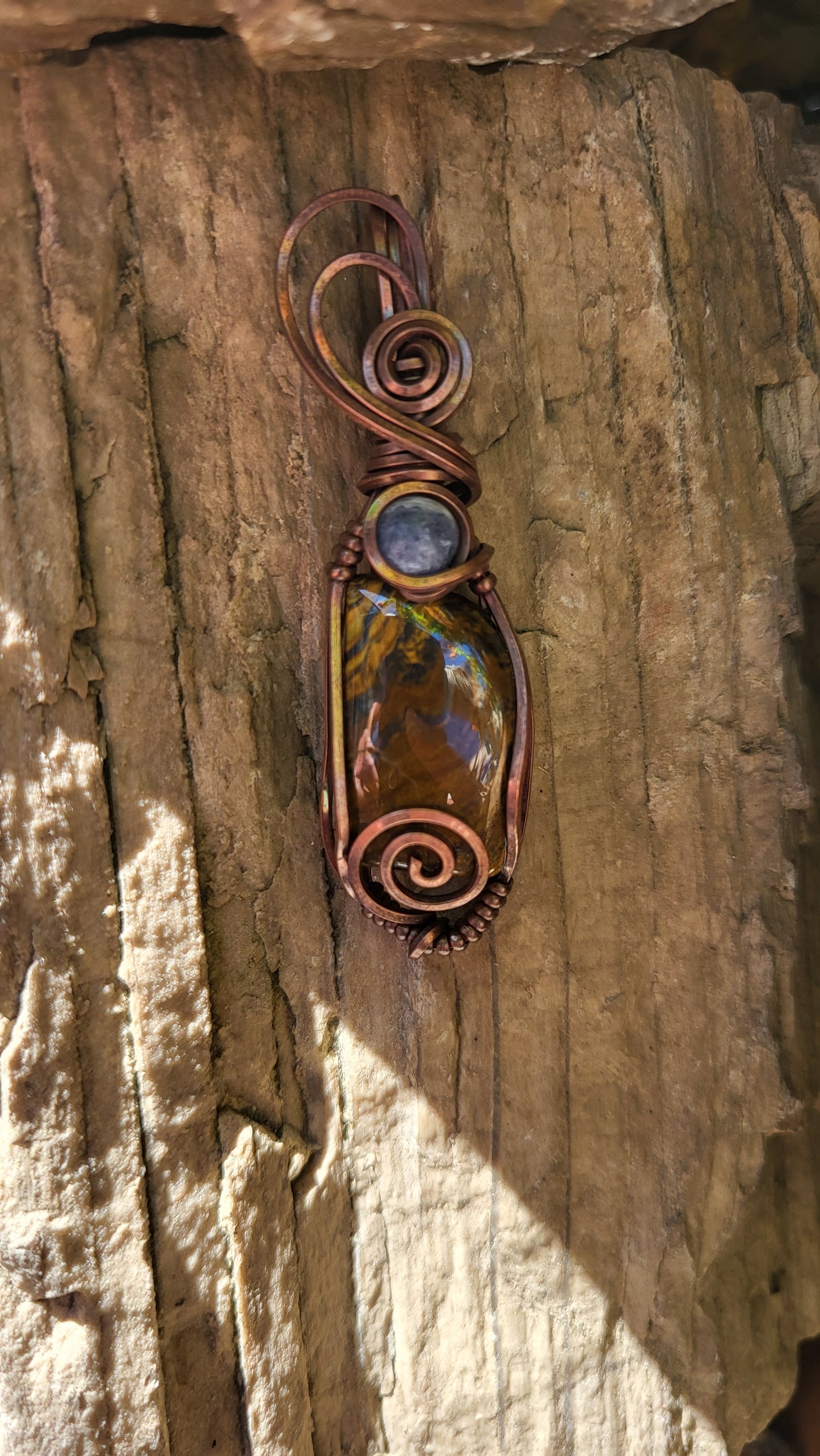 Tigers Eye w/ Sodalite Copper Wire Wrap Pendant
