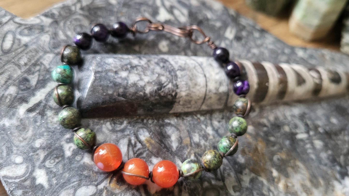 Copper Wire Wrap Stone Bead Bracelet Sz. 6.5