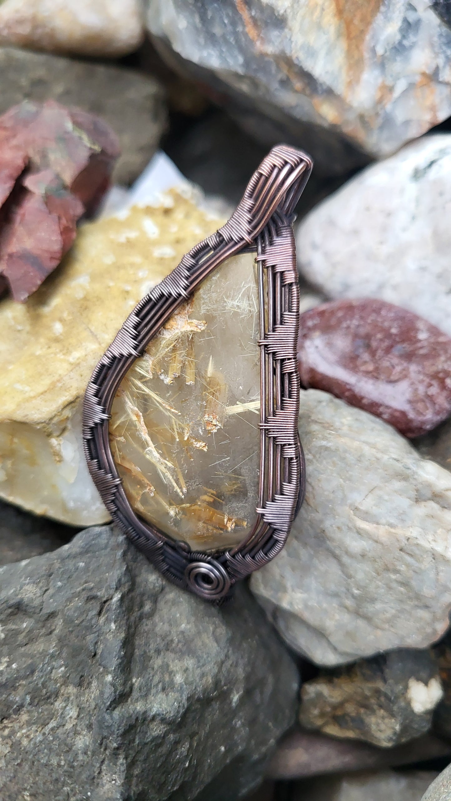 Golden Rutilated Quartz Copper Wire Wrap Pendant