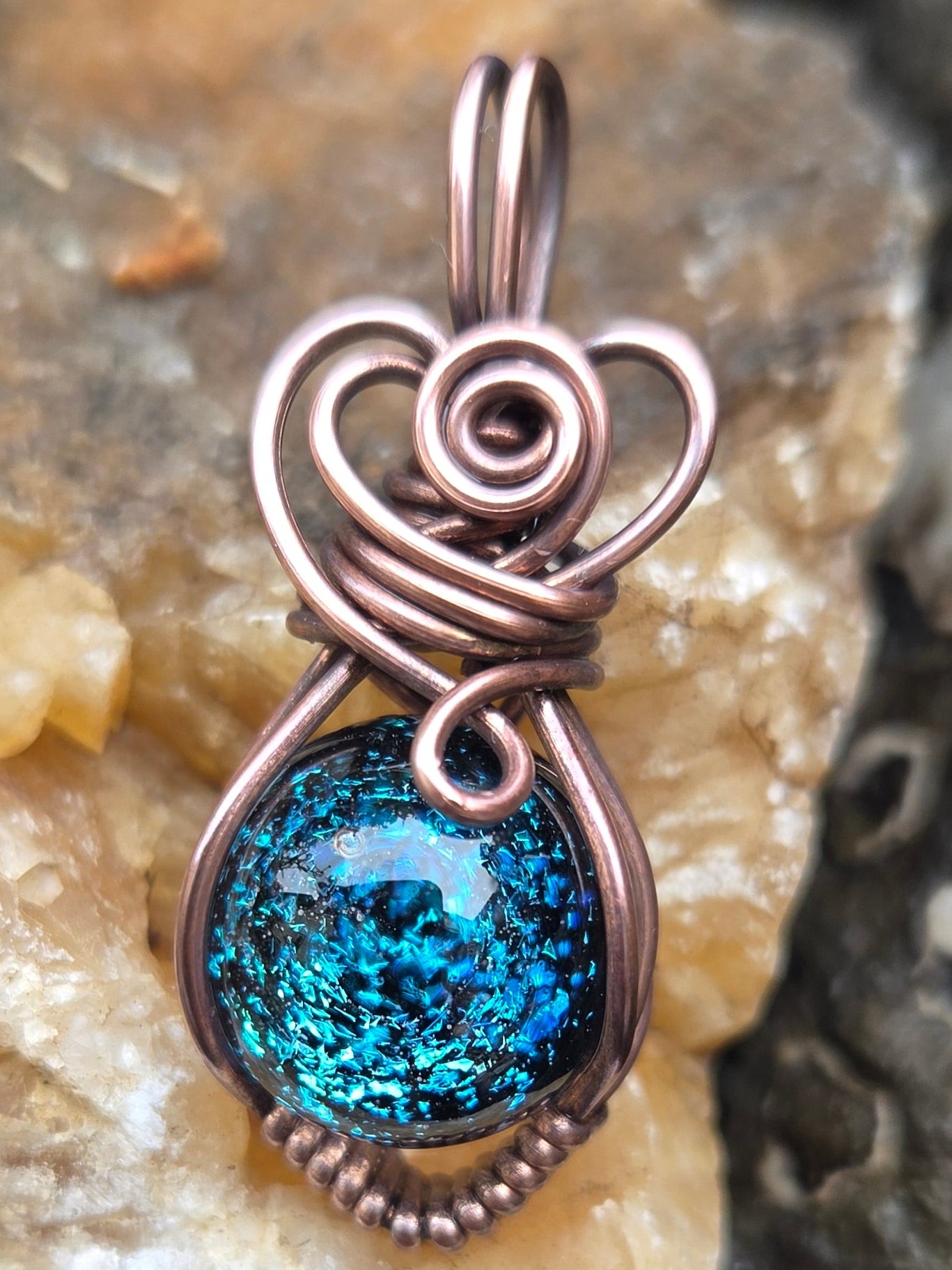 Blue Dichro Glass Marble Copper Wire Wrap Pendant