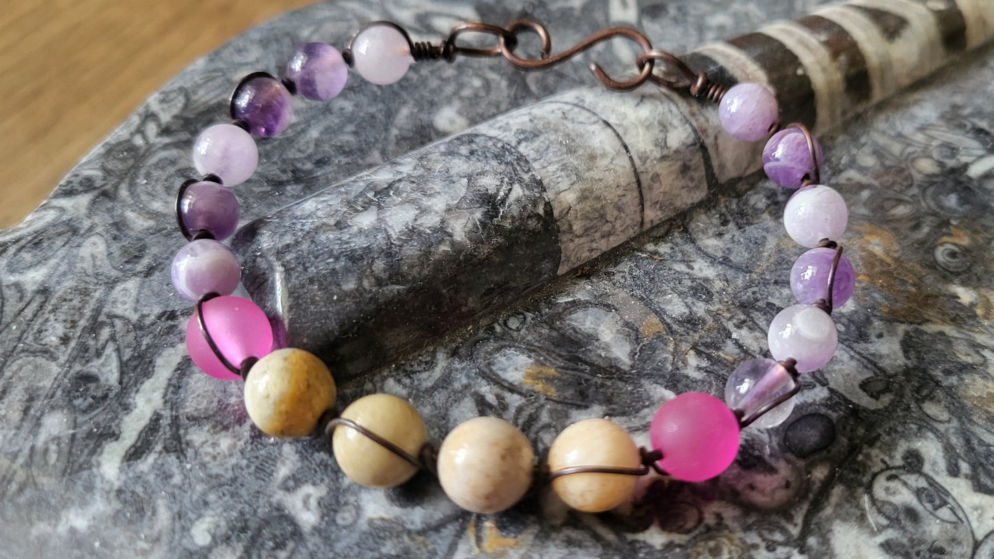 Copper Wire Wrap Stone Bead Bracelet Sz 6.5