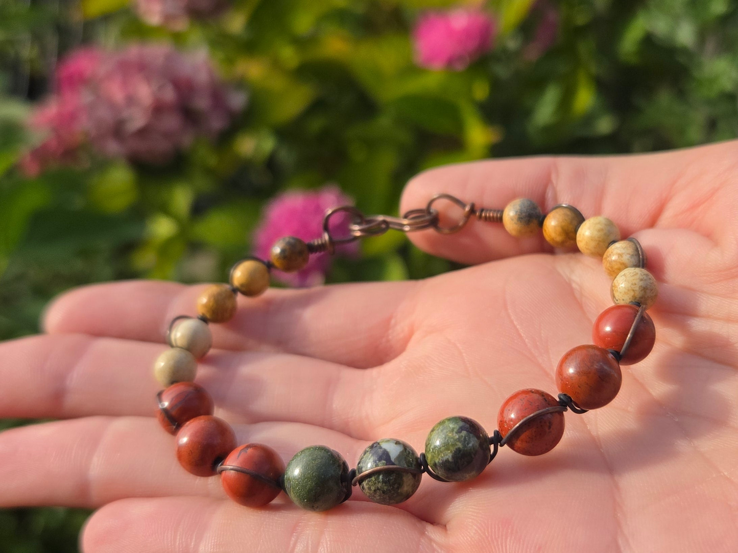Copper Wire Wrap Bracelet w/ Jasper Stone Beads sz 6.75