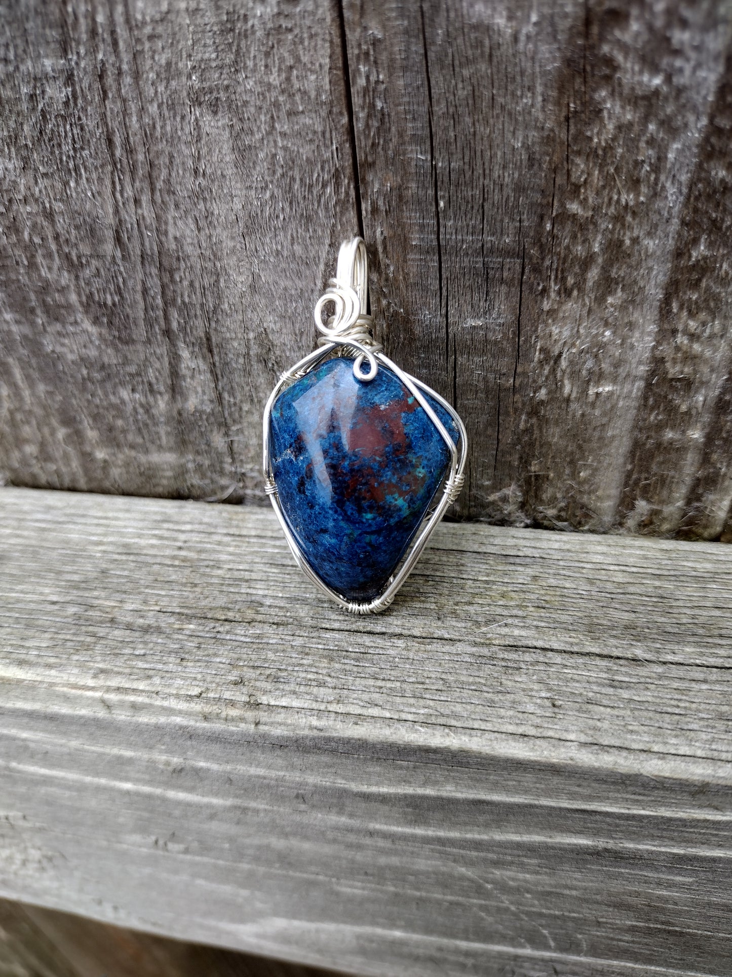 Apache Gem Silica Chrysocolla/ Azurite .925 Sterling Silver Wire Wrap Pendant
