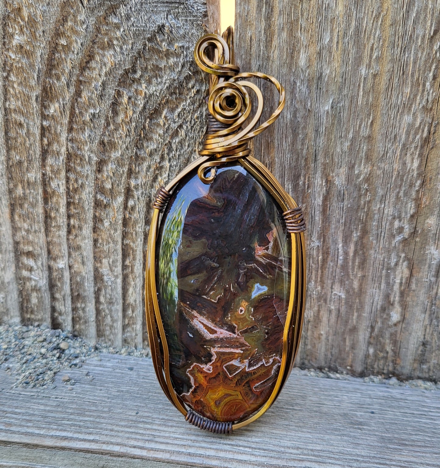 Square Bronze Wire Wrap Turkish Stick Agate Pendant
