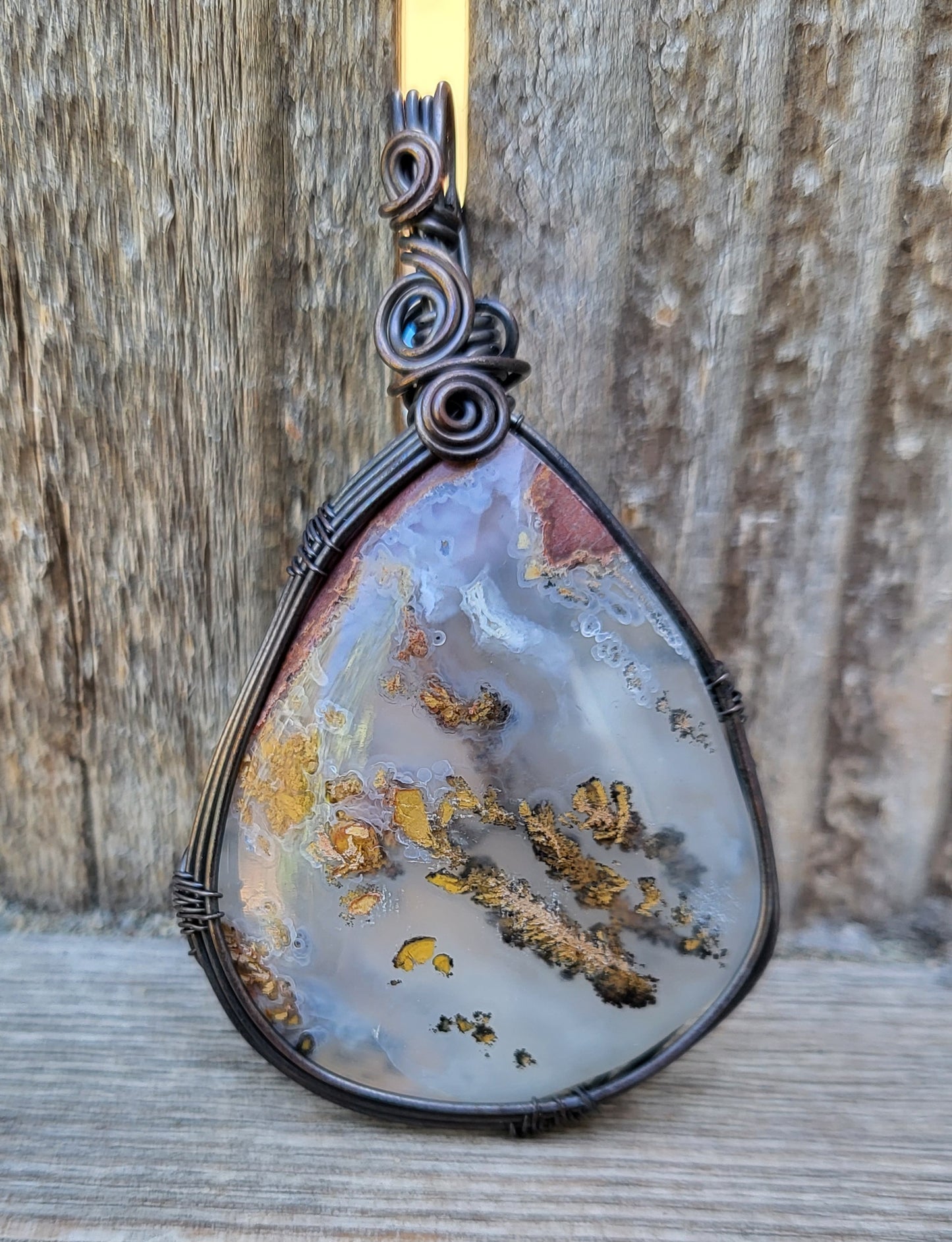 Handcrafted Oxidized Copper Wire Wrap Pendant Featuring Plume Agate Cabochon Centerpiece