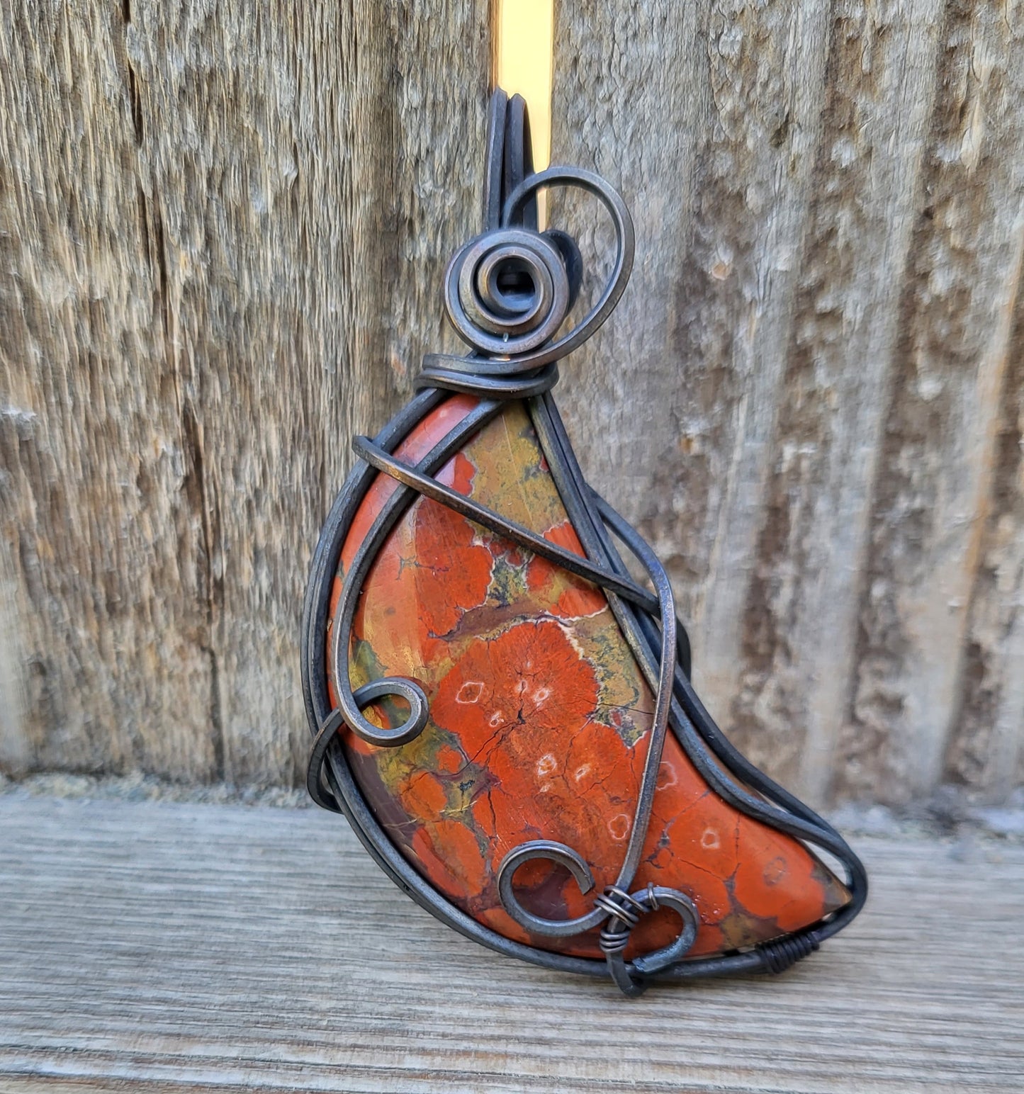 Oxidized Square Copper Wire Wrap Pendant Featuring Poppy Jasper Crescent Moon