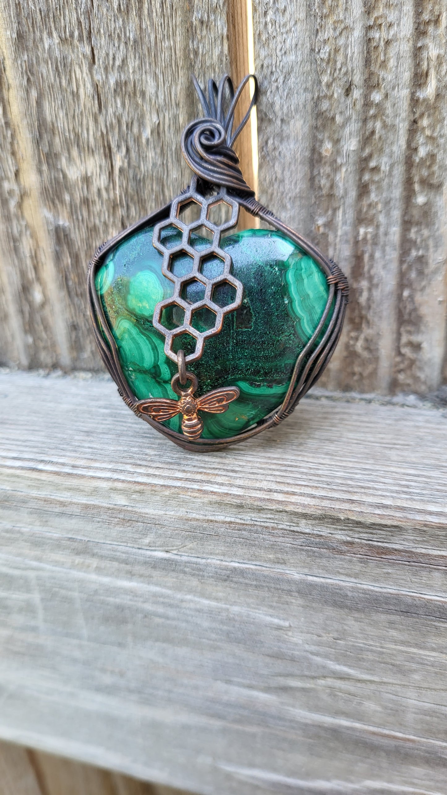 Malachite Stone Honeycomb Bee Charm Pendant