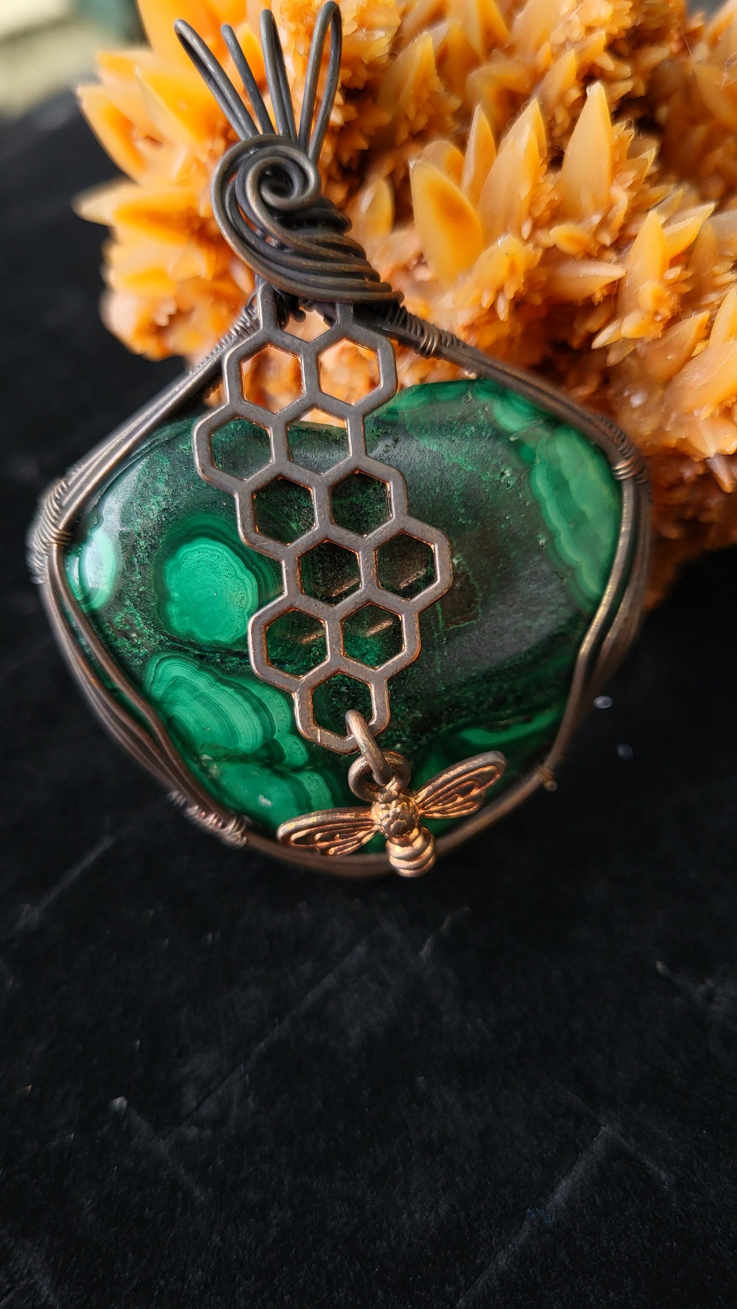 Malachite Stone Honeycomb Bee Charm Pendant