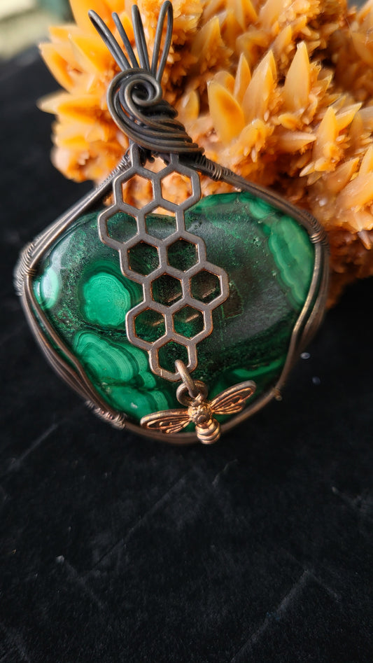 Malachite Stone Honeycomb Bee Charm Pendant
